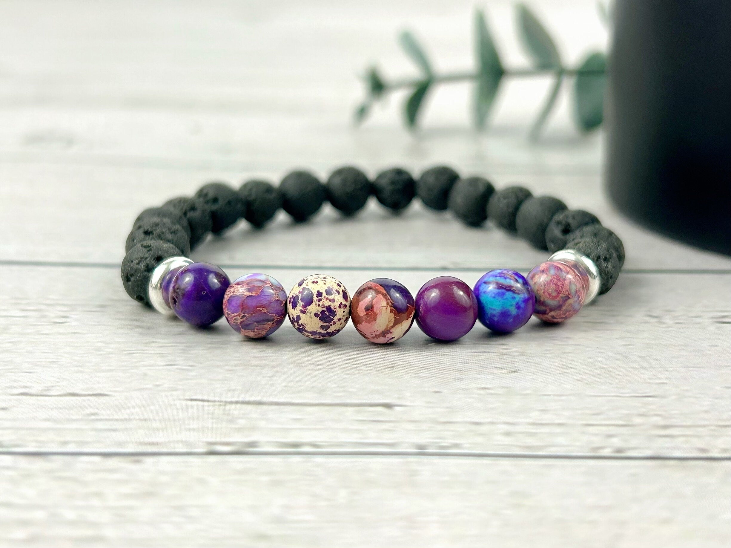 Diffuser Bracelet, Essential Oil Bracelet, Aromatherapy Bracelet, Purple Imperial Jasper Bracelet, Sea Sediment Jasper, Black Lava Rock