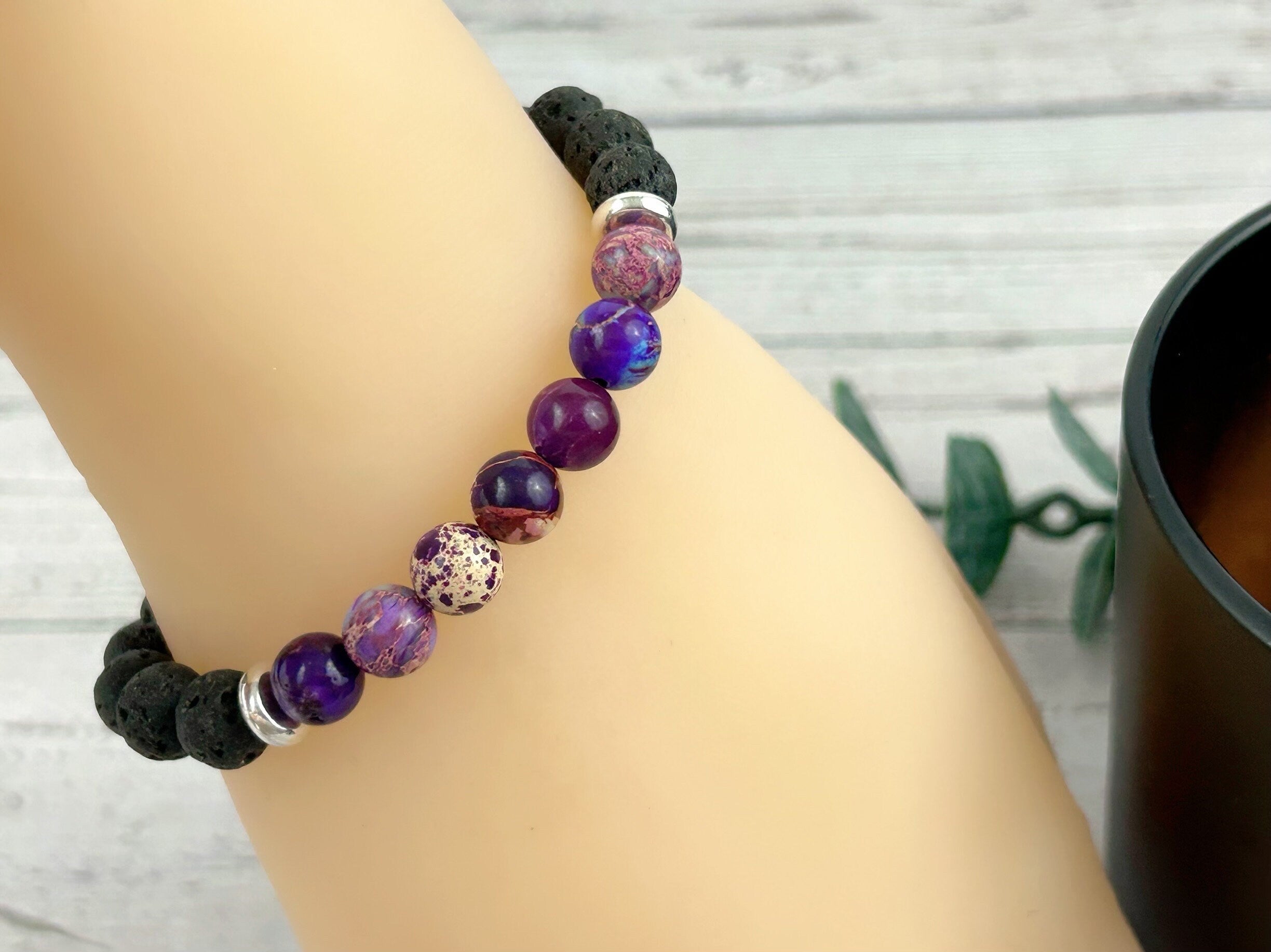 Diffuser Bracelet, Essential Oil Bracelet, Aromatherapy Bracelet, Purple Imperial Jasper Bracelet, Sea Sediment Jasper, Black Lava Rock