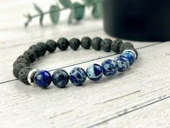 Diffuser Bracelet, Essential Oil Bracelet, Aromatherapy Bracelet, Blue Imperial Jasper Bracelet, Sea Sediment Jasper, Black Lava Rock