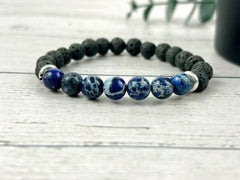 Diffuser Bracelet, Essential Oil Bracelet, Aromatherapy Bracelet, Blue Imperial Jasper Bracelet, Sea Sediment Jasper, Black Lava Rock