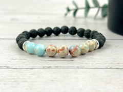 Diffuser Bracelet, Essential Oil Bracelet, Aromatherapy Bracelet, Blue Jasper Bracelet, Sea Sediment Jasper, Black Lava Rock, Ocean Theme