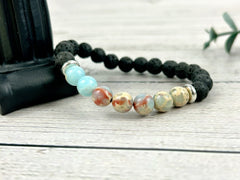 Diffuser Bracelet, Essential Oil Bracelet, Aromatherapy Bracelet, Blue Jasper Bracelet, Sea Sediment Jasper, Black Lava Rock, Ocean Theme