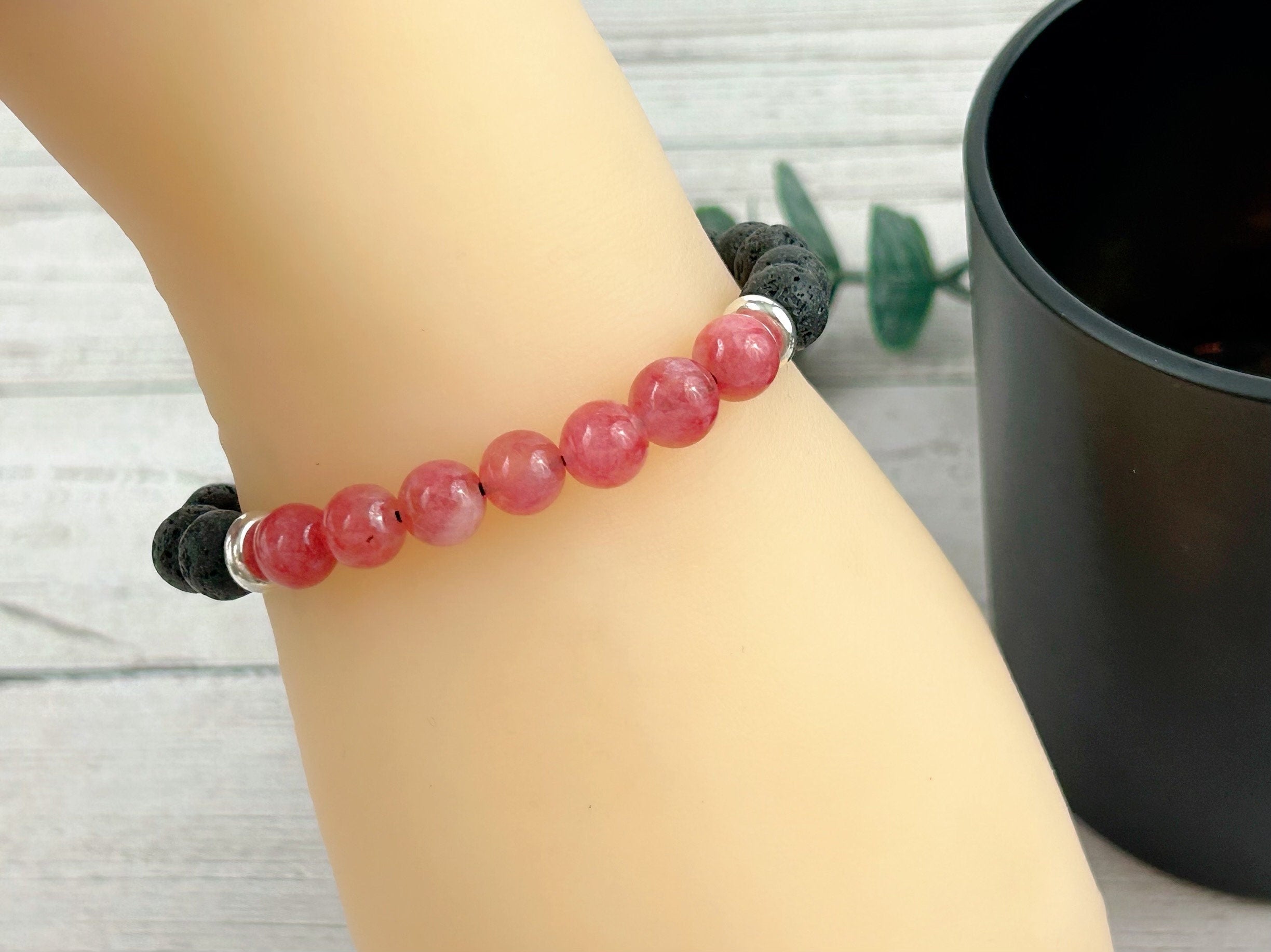 Diffuser Bracelet, Essential Oil Bracelet, Aromatherapy Bracelet, Cherry Quartz Bracelet, Handmade Jewelry, Black Lava Rock Bracelet