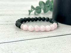 Diffuser Bracelet, Essential Oil Bracelet, Aromatherapy Bracelet, Rose Quartz Bracelet, Handmade Jewelry, Black Lava Rock Bracelet