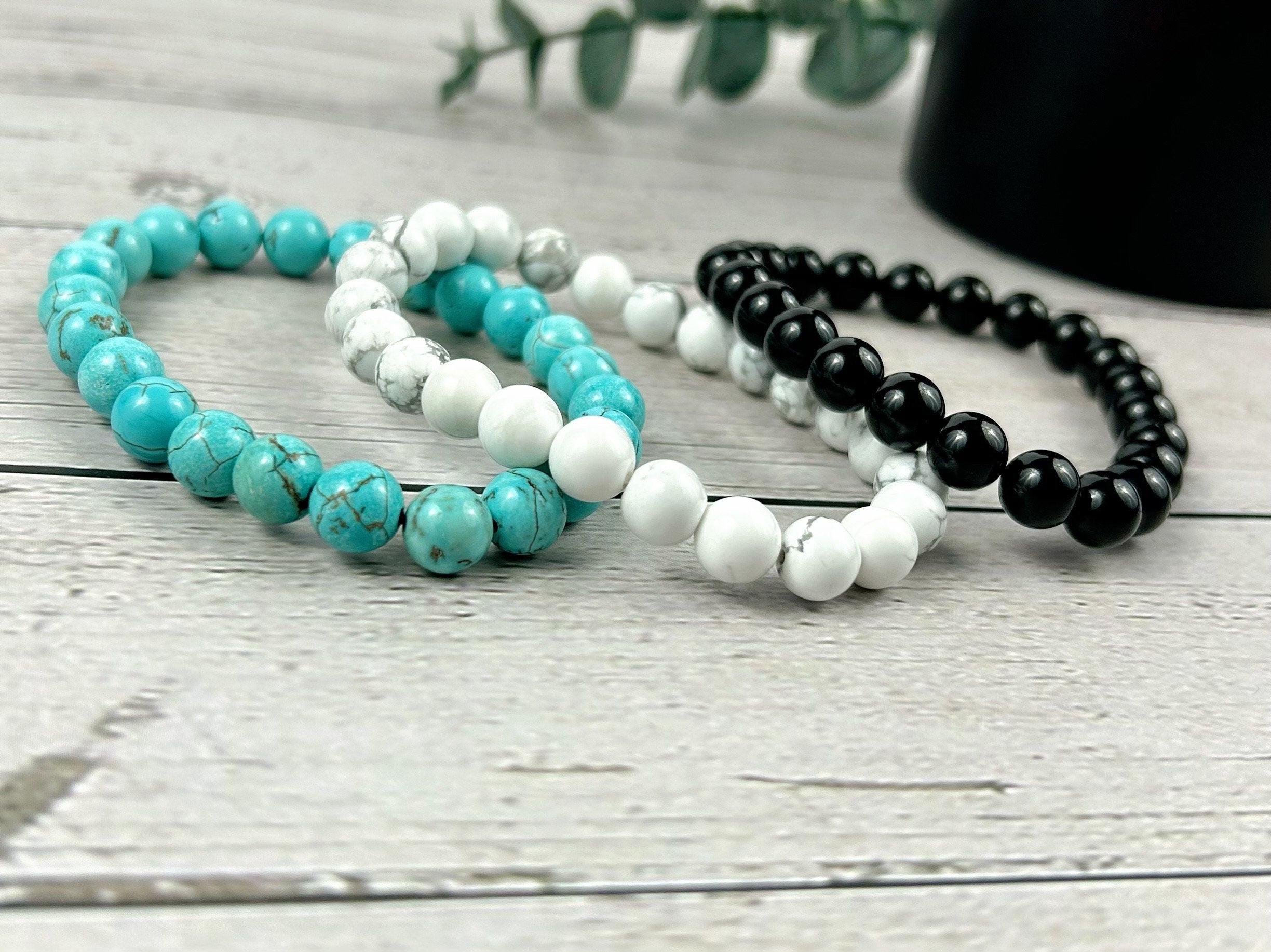 Set of 3 Energy Bracelet, Healing Bracelet, White Howlite Bracelet, Turquoise Bracelet, Black Onyx Bracelet, Gemstone Bracelet, Gift for Her