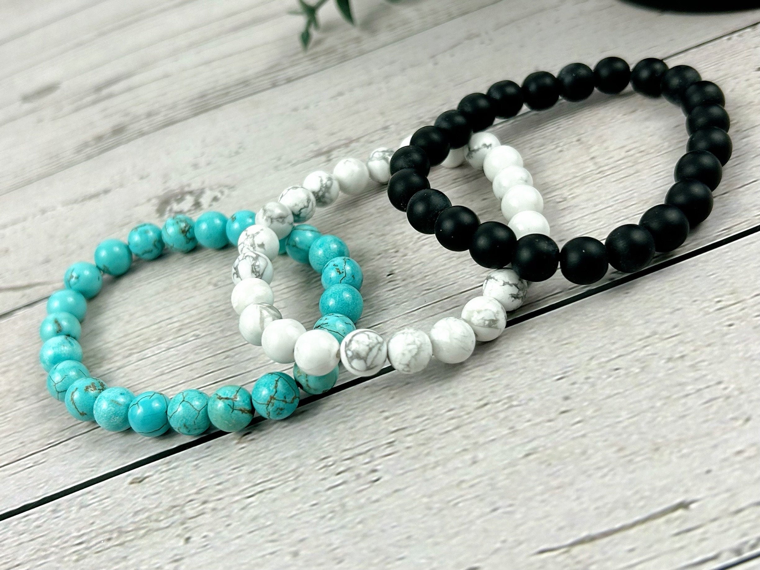 Set of 3 Energy Bracelet, Healing Bracelet, White Howlite Bracelet, Turquoise Bracelet, Black Onyx Bracelet, Gemstone Bracelet, Gift for Her