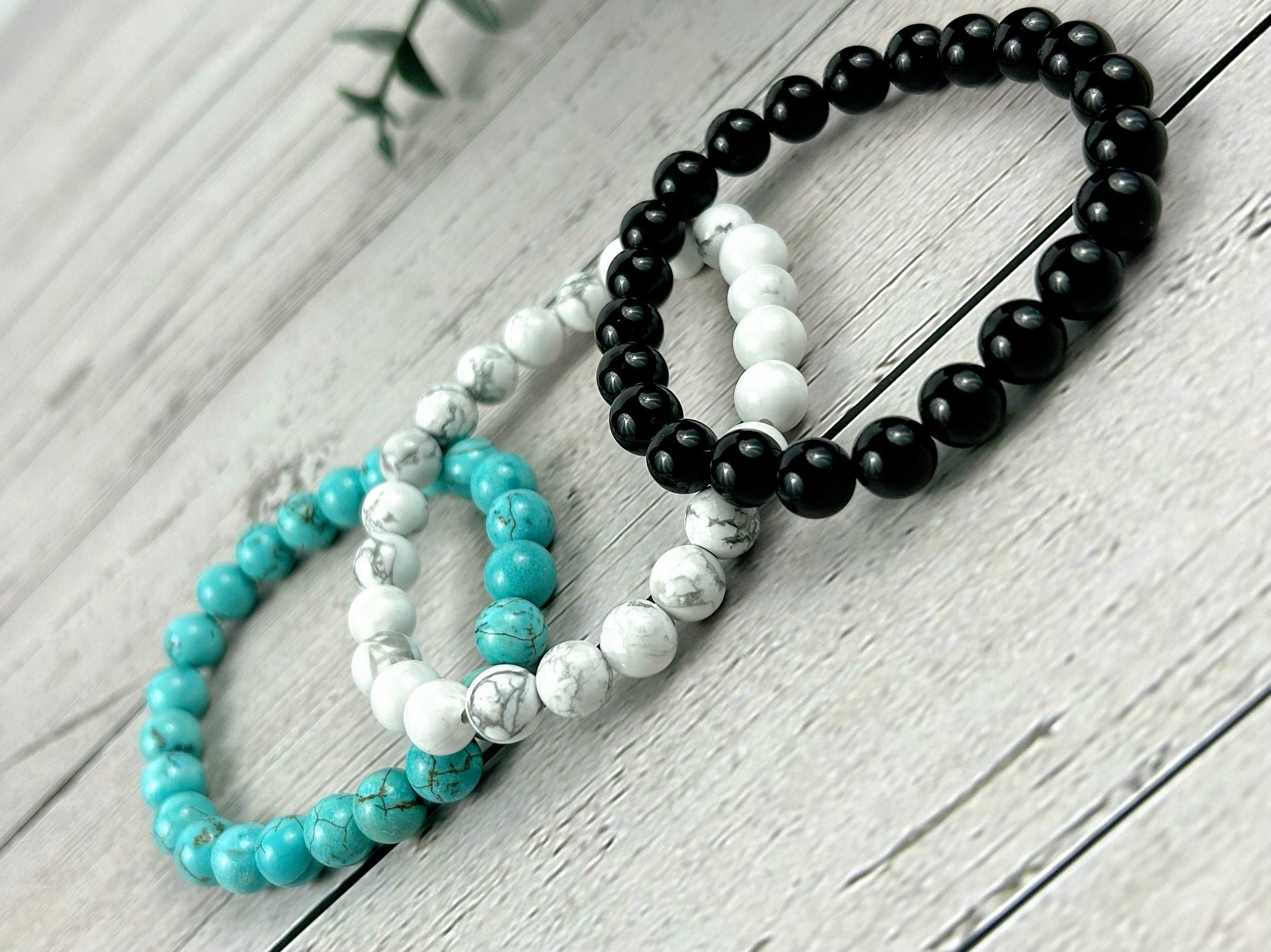 Set of 3 Energy Bracelet, Healing Bracelet, White Howlite Bracelet, Turquoise Bracelet, Black Onyx Bracelet, Gemstone Bracelet, Gift for Her