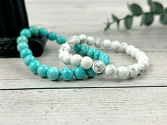 Set of 2 Energy Bracelets, Healing Bracelet, White Howlite Bracelet, Turquoise Bracelet, Gemstone Bracelet, Gift for Her