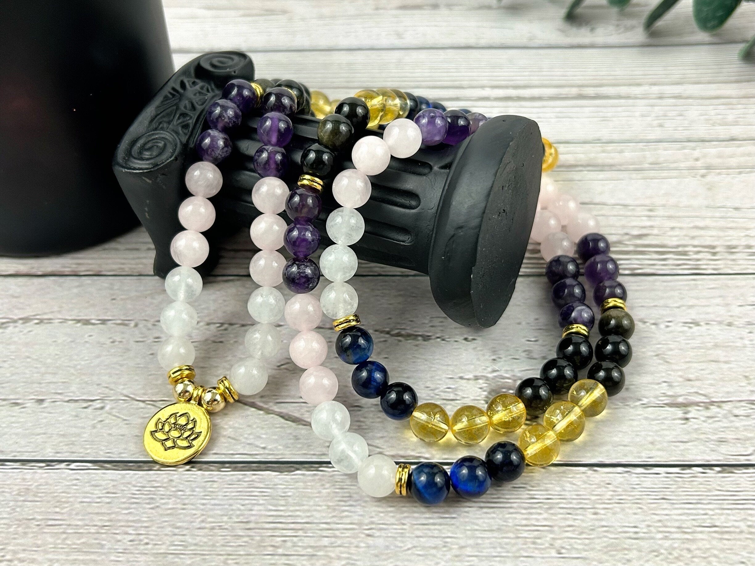 108 Mala Necklace, Prayer Beads, Moonstone, Rose Quartz, Citrine, Amethyst, Golden Obsidian, Blue Tiger Eye, Meditation Necklace