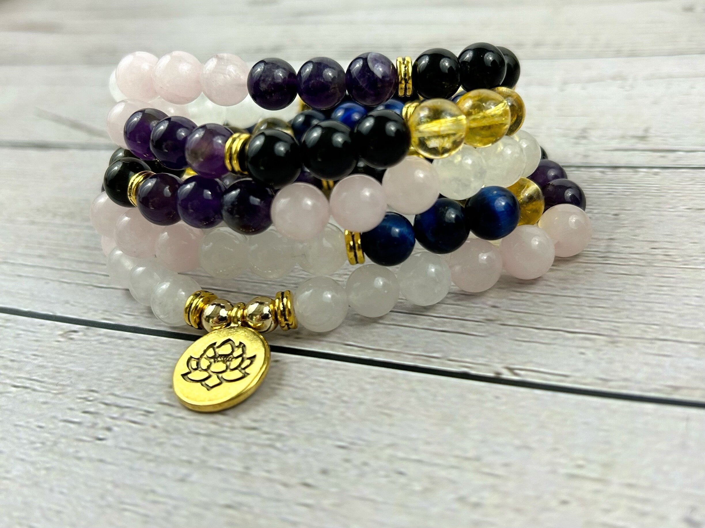 108 Mala Necklace, Prayer Beads, Moonstone, Rose Quartz, Citrine, Amethyst, Golden Obsidian, Blue Tiger Eye, Meditation Necklace