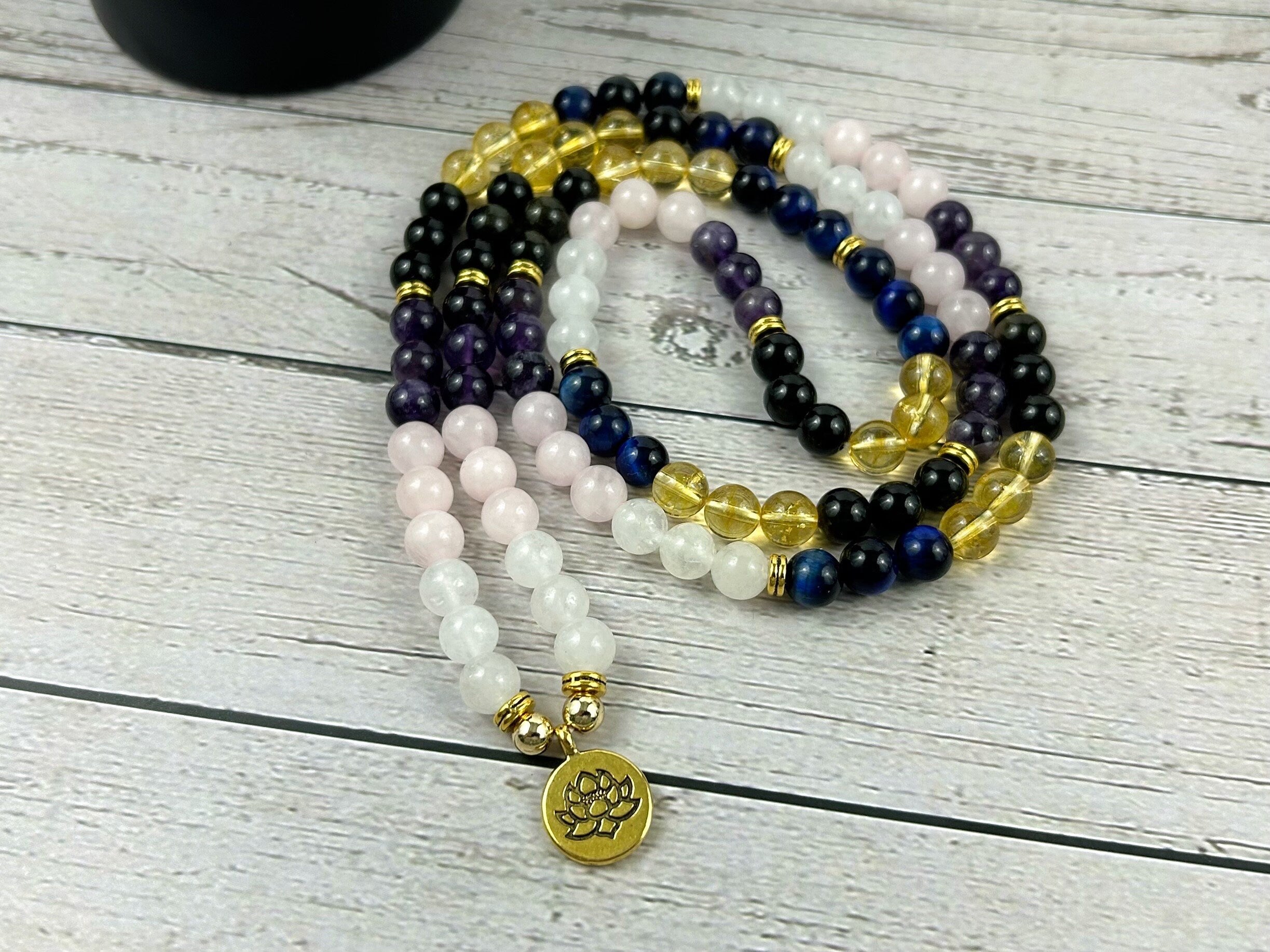 108 Mala Necklace, Prayer Beads, Moonstone, Rose Quartz, Citrine, Amethyst, Golden Obsidian, Blue Tiger Eye, Meditation Necklace