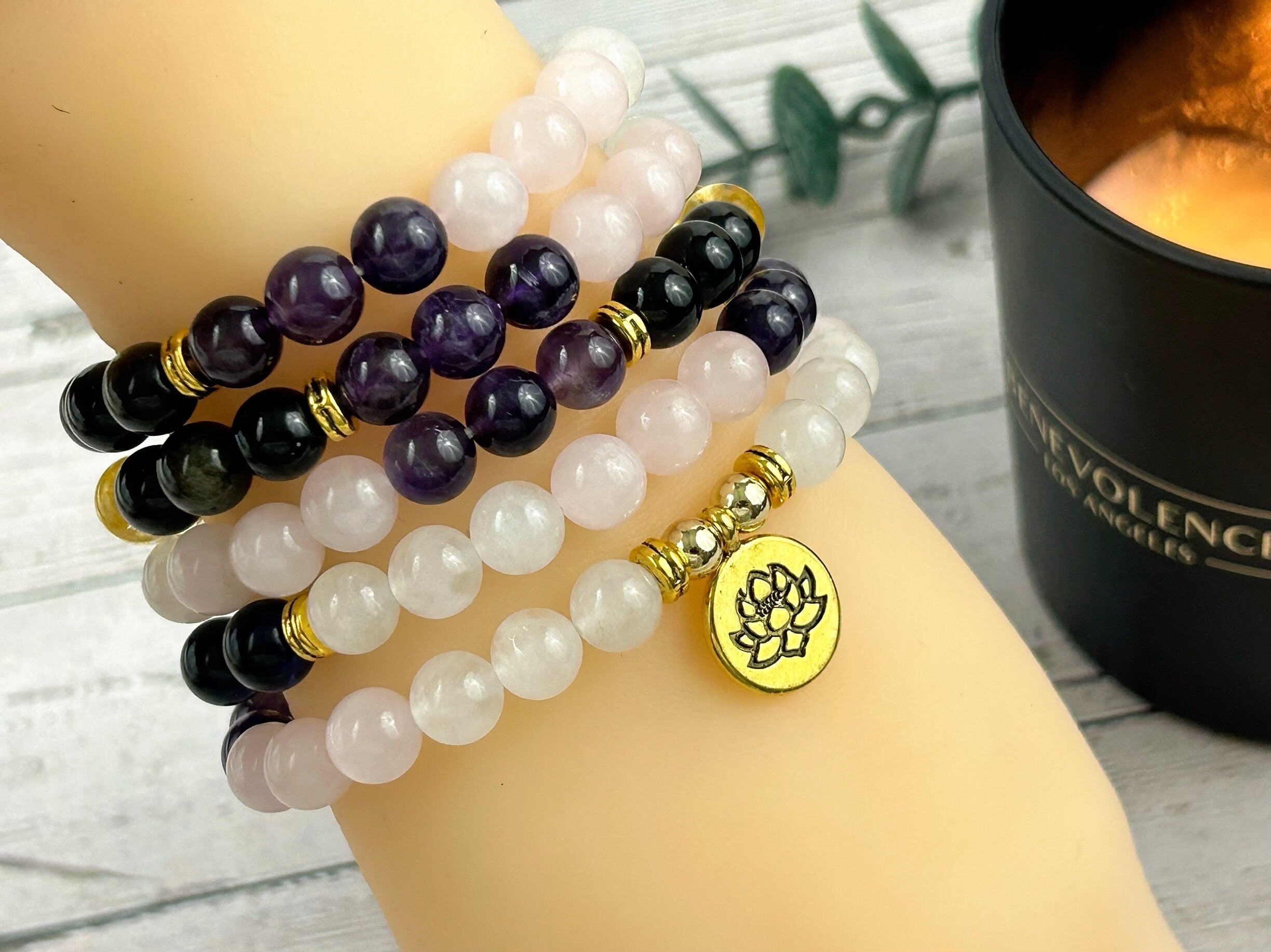 108 Mala Necklace, Prayer Beads, Moonstone, Rose Quartz, Citrine, Amethyst, Golden Obsidian, Blue Tiger Eye, Meditation Necklace