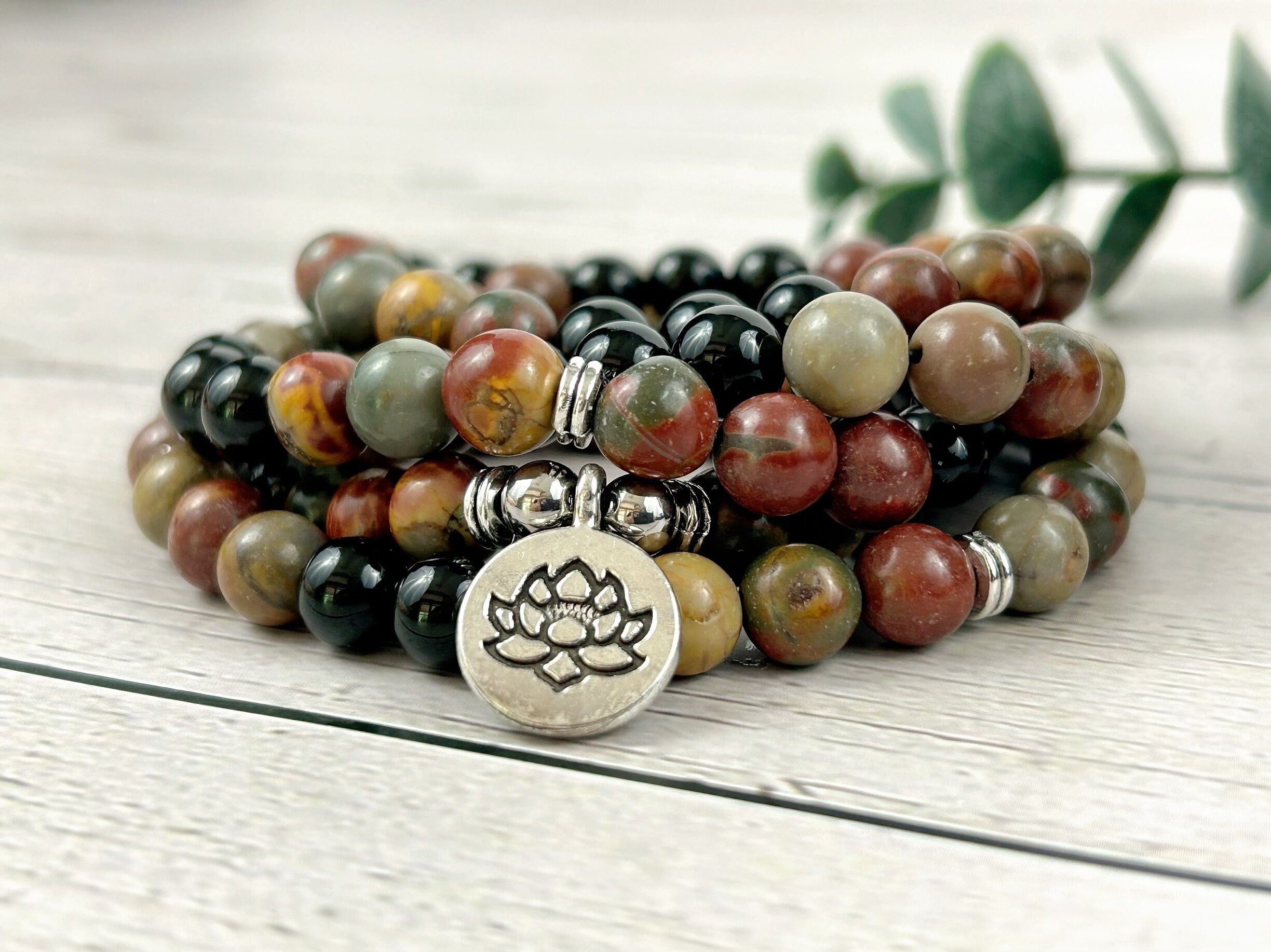 108 Mala Necklace, Picasso Jasper Necklace, Prayer Beads Necklace, 108 Mala Beads Bracelet, Onyx Meditation Necklace, Handmade Jewelry