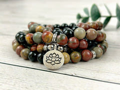 108 Mala Necklace, Picasso Jasper Necklace, Prayer Beads Necklace, 108 Mala Beads Bracelet, Onyx Meditation Necklace, Handmade Jewelry