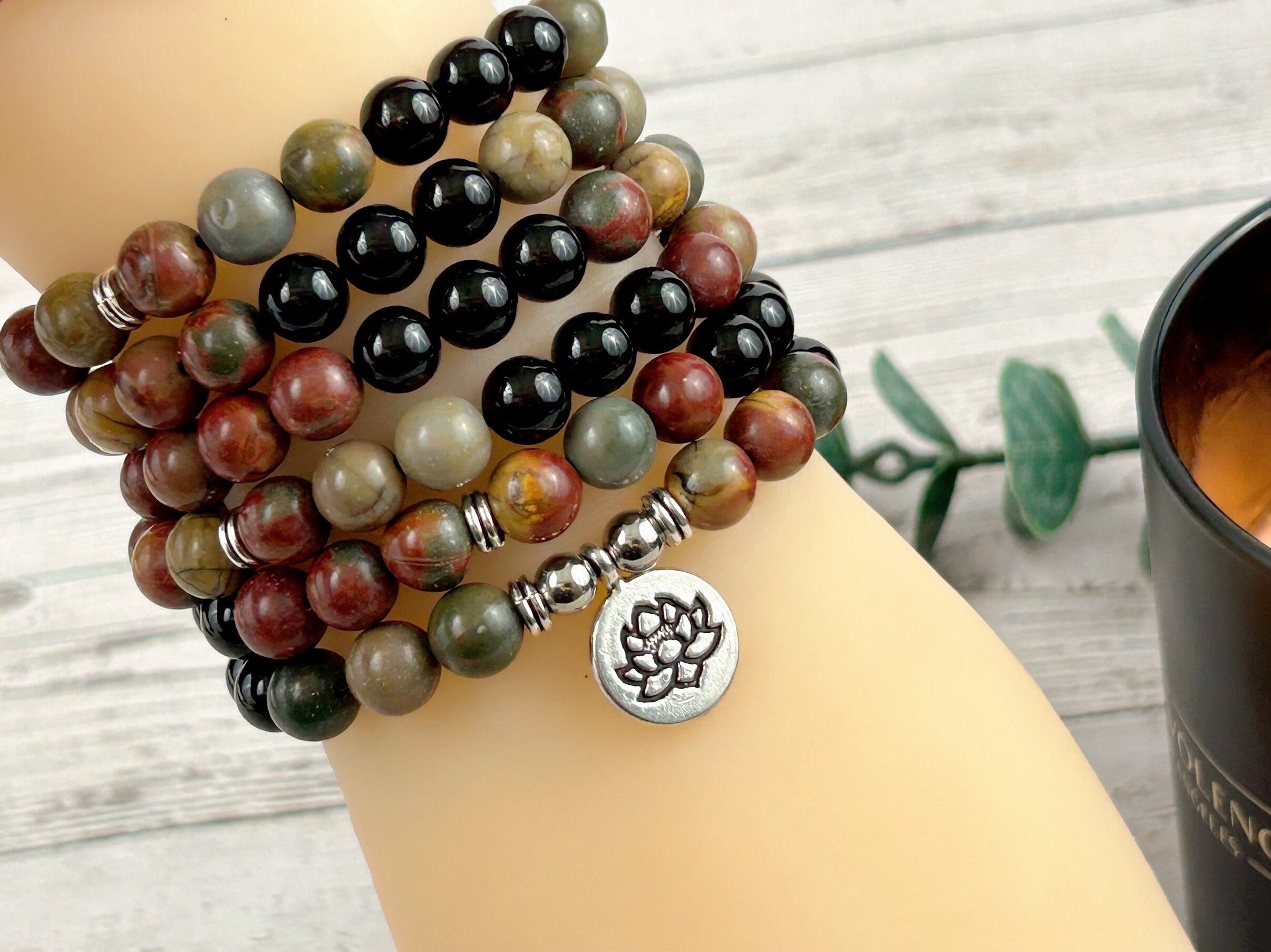 108 Mala Necklace, Picasso Jasper Necklace, Prayer Beads Necklace, 108 Mala Beads Bracelet, Onyx Meditation Necklace, Handmade Jewelry