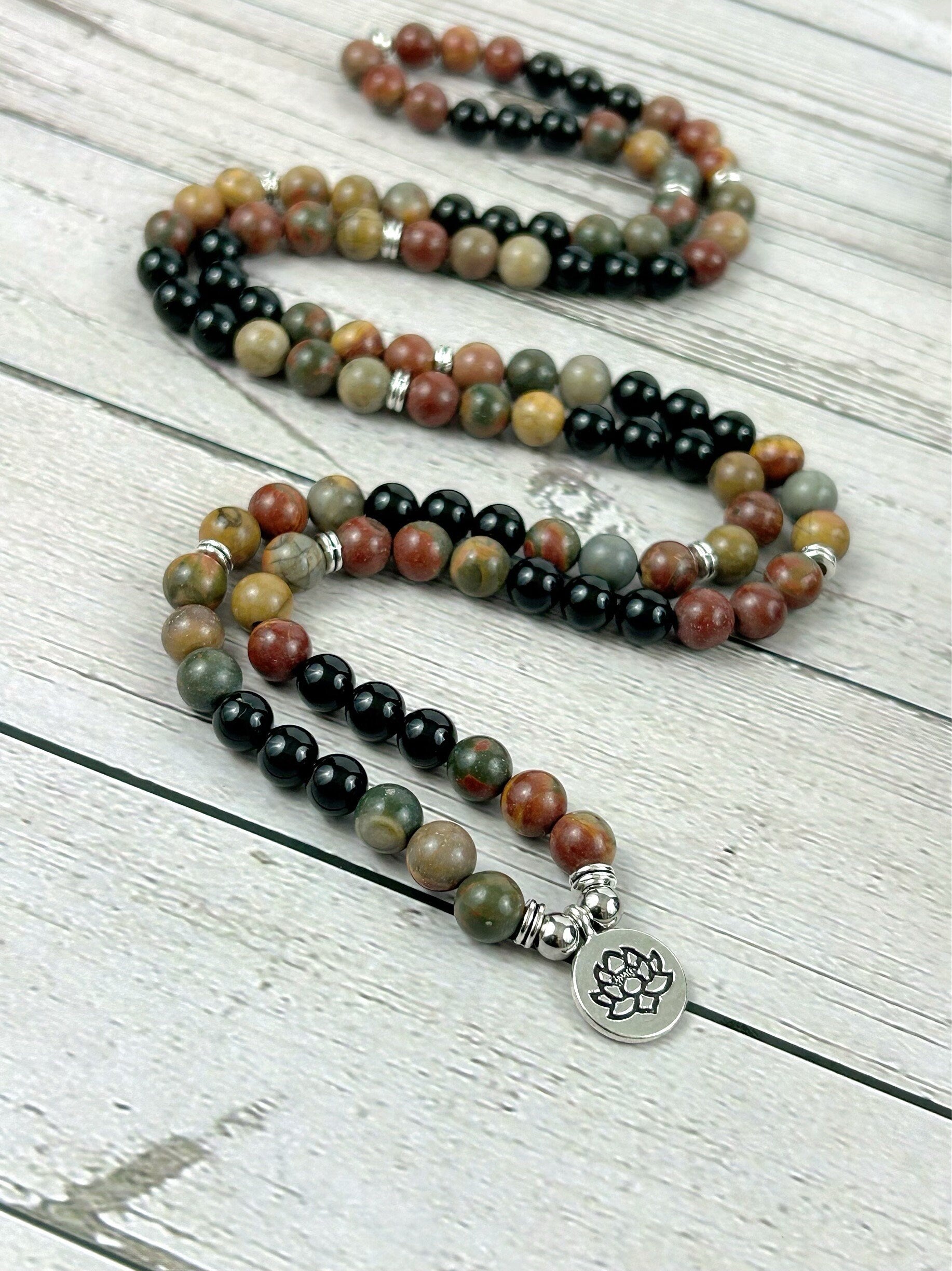 108 Mala Necklace, Picasso Jasper Necklace, Prayer Beads Necklace, 108 Mala Beads Bracelet, Onyx Meditation Necklace, Handmade Jewelry