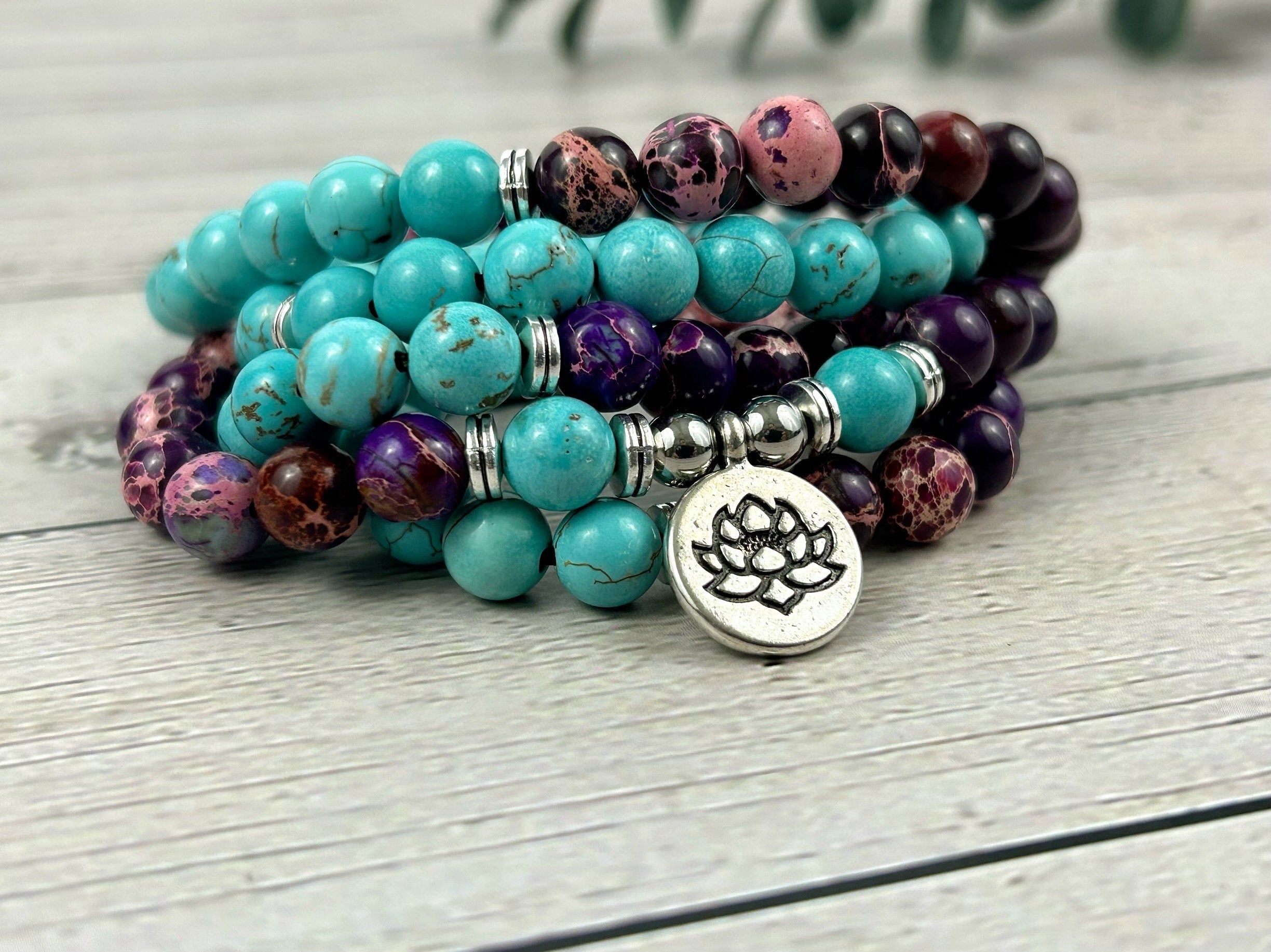 108 Mala Beads Necklace, Japa Mala, Prayer Beads Necklace, Mala Beads Bracelet, Purple Imperial Jasper, Turquoise, Meditation Necklace,