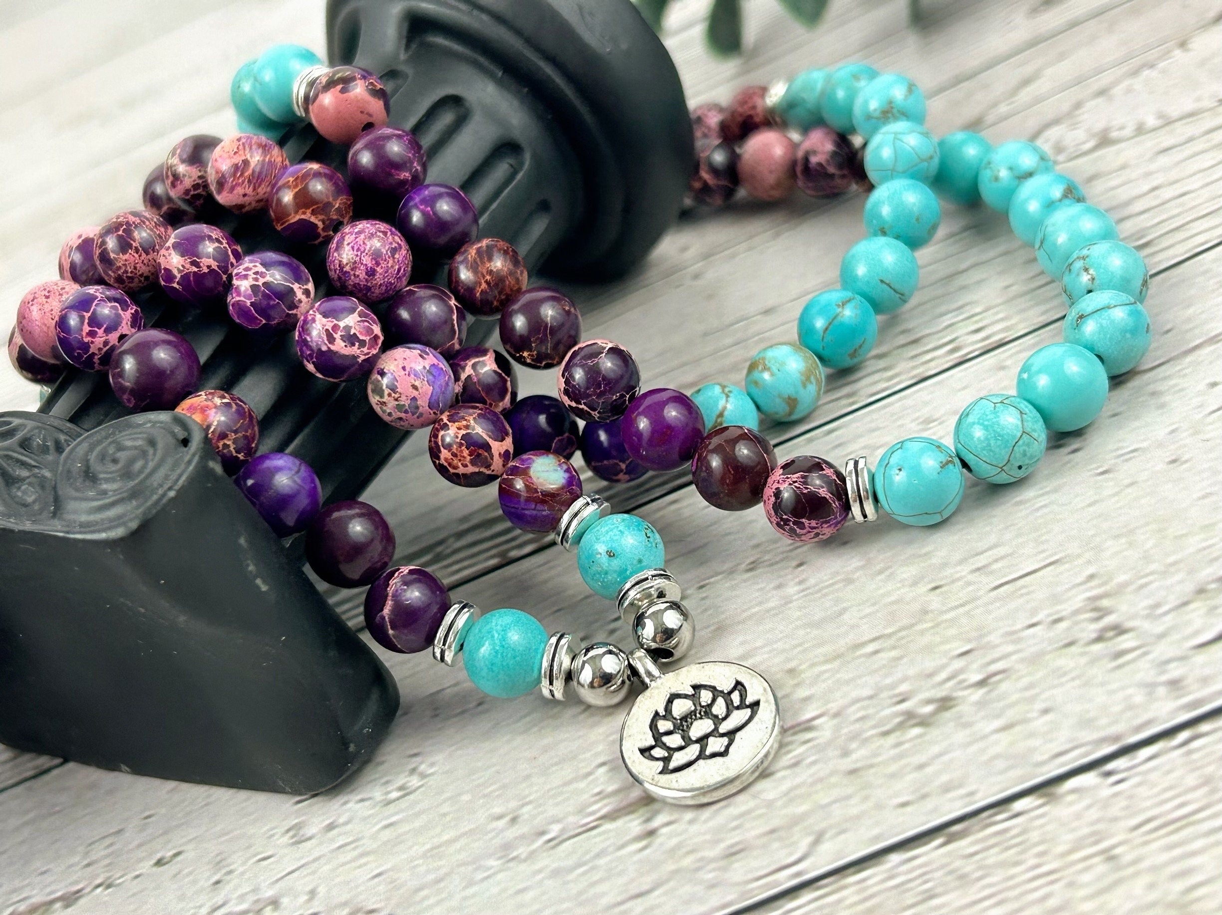 108 Mala Beads Necklace, Japa Mala, Prayer Beads Necklace, Mala Beads Bracelet, Purple Imperial Jasper, Turquoise, Meditation Necklace,