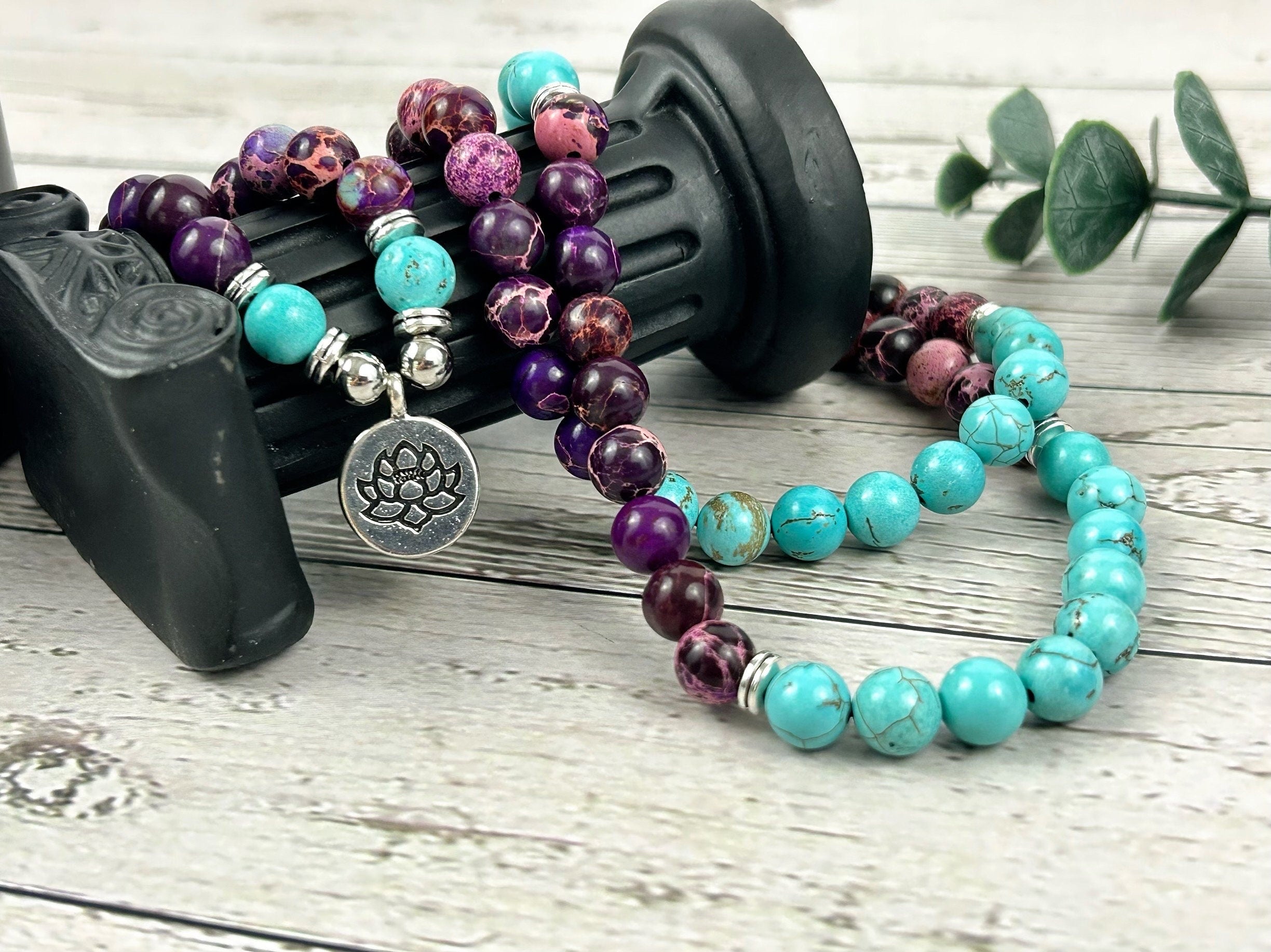 108 Mala Beads Necklace, Japa Mala, Prayer Beads Necklace, Mala Beads Bracelet, Purple Imperial Jasper, Turquoise, Meditation Necklace,