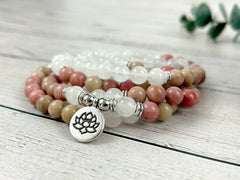 108 Mala Necklace, Moonstone Necklace, Prayer Beads, 108 Mala Beads Bracelet, Meditation Necklace, Rhodochrosite Mala, Handmade Jewelry