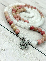 108 Mala Necklace, Moonstone Necklace, Prayer Beads, 108 Mala Beads Bracelet, Meditation Necklace, Rhodochrosite Mala, Handmade Jewelry