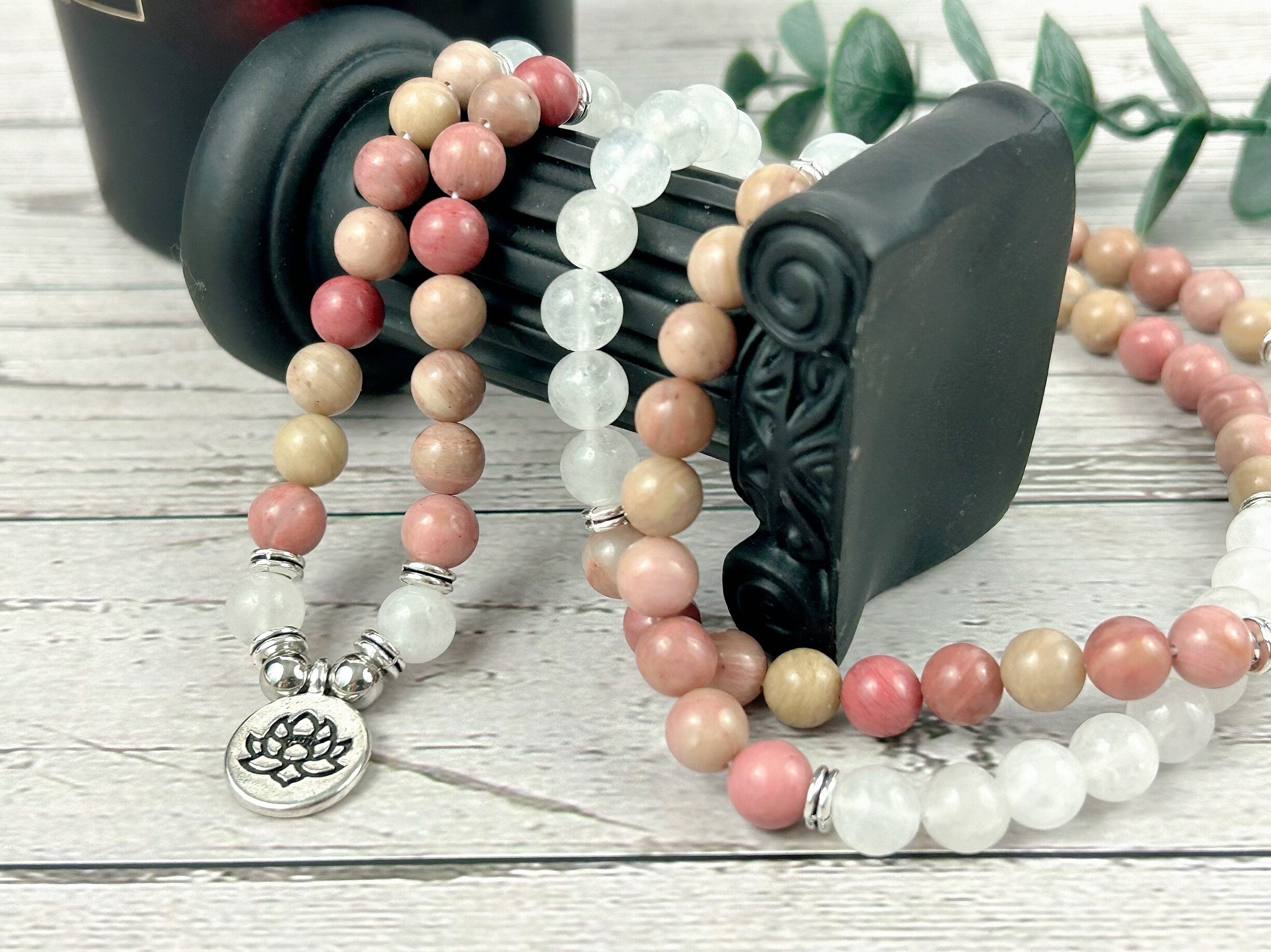 108 Mala Necklace, Moonstone Necklace, Prayer Beads, 108 Mala Beads Bracelet, Meditation Necklace, Rhodochrosite Mala, Handmade Jewelry