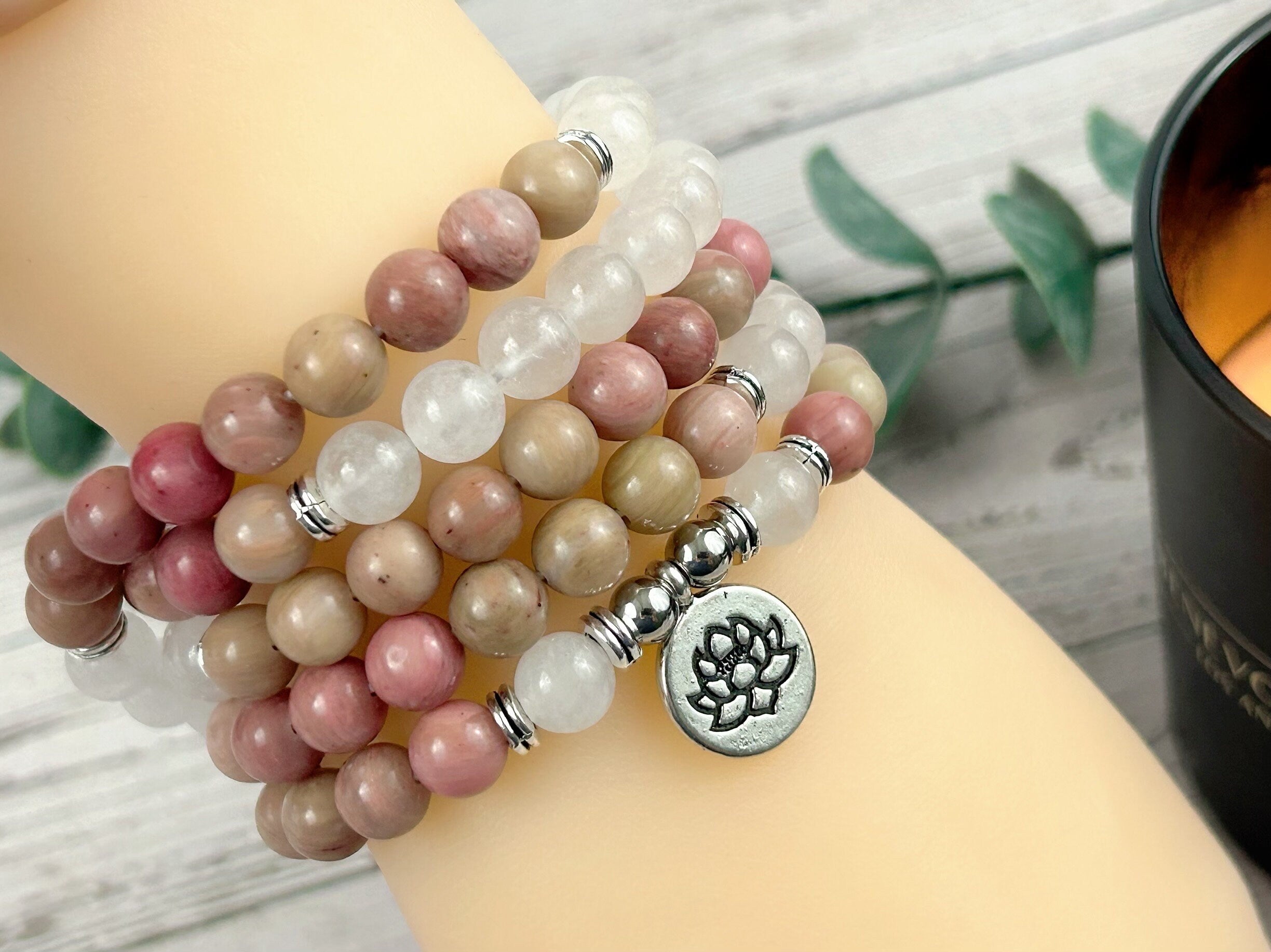 108 Mala Necklace, Moonstone Necklace, Prayer Beads, 108 Mala Beads Bracelet, Meditation Necklace, Rhodochrosite Mala, Handmade Jewelry