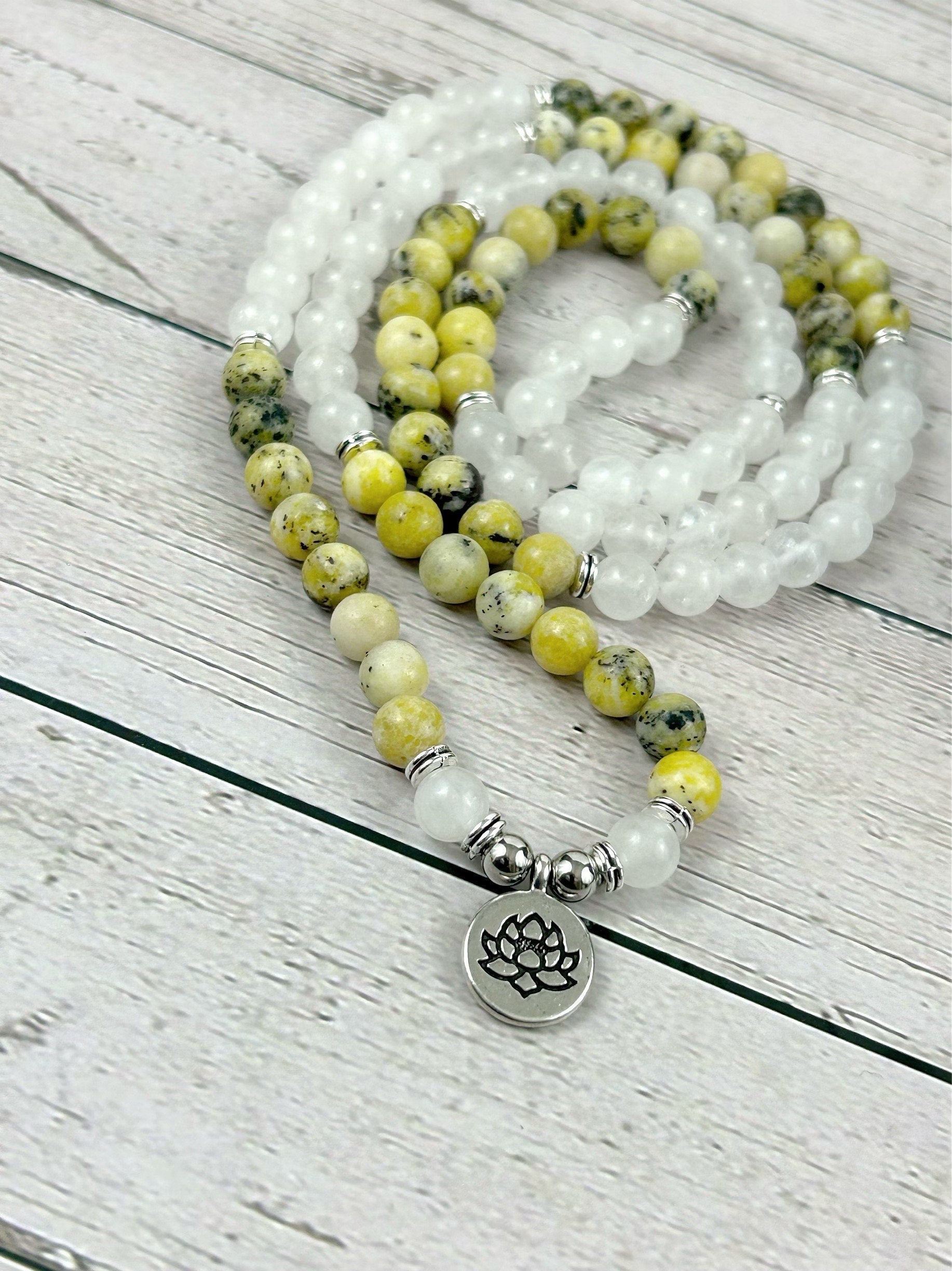 108 Mala Necklace, Yellow Turquoise Necklace, Prayer Beads, Moonstone Necklace, 108 Mala Beads Bracelet, Meditation Necklace,Energy Necklace