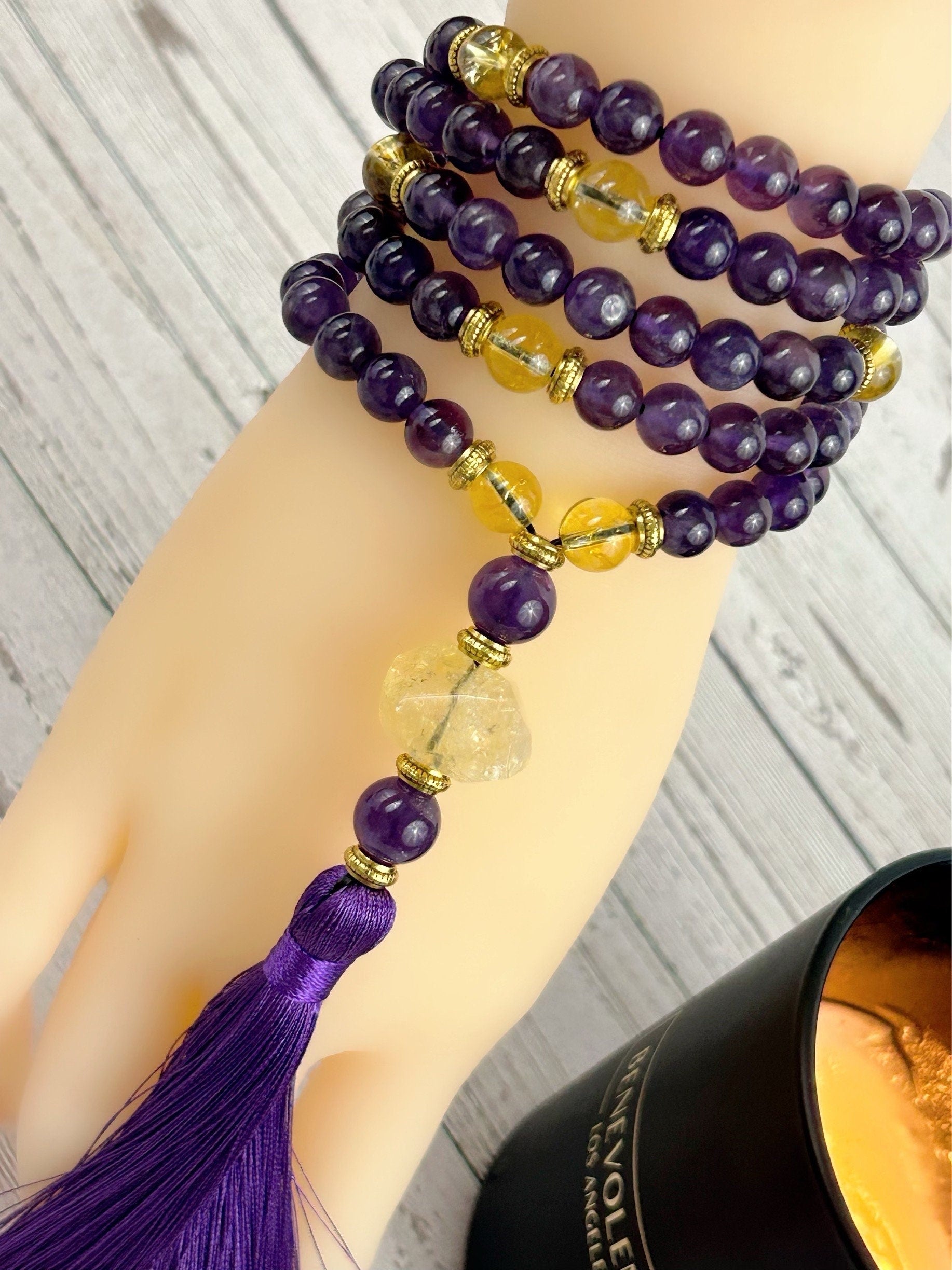108 Mala Necklace, Amethyst Necklace, Citrine, Prayer Beads Necklace, Mala Beads Bracelet, Meditation Necklace, Handmade Jewelry