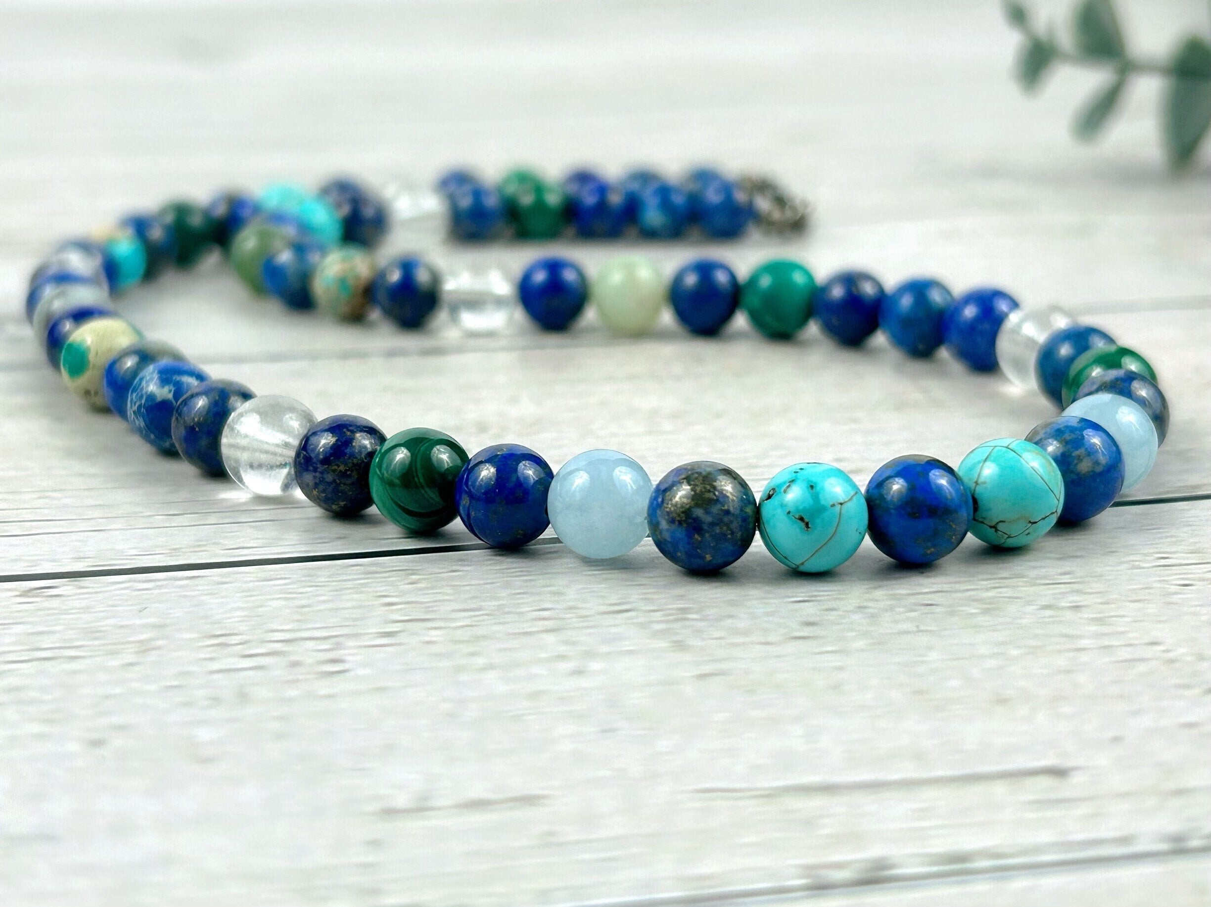 Mix Gemstones Necklace, Lapis Lazuli, Beaded Necklace, Turquoise, Imperial Jasper, Malachite, Aquamarine, Clear Quartz, Amazonite,Moss Agate