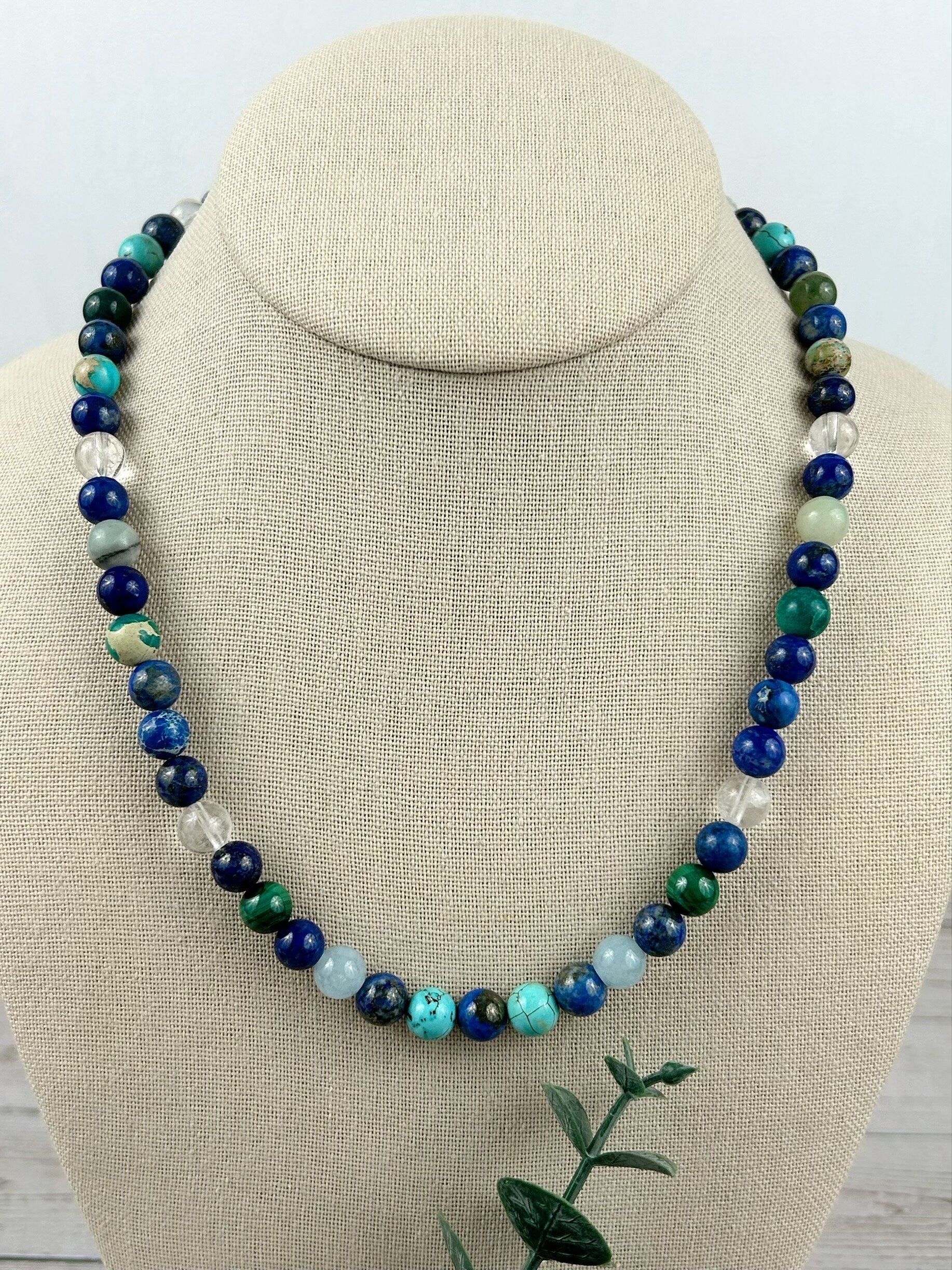 Mix Gemstones Necklace, Lapis Lazuli, Beaded Necklace, Turquoise, Imperial Jasper, Malachite, Aquamarine, Clear Quartz, Amazonite,Moss Agate