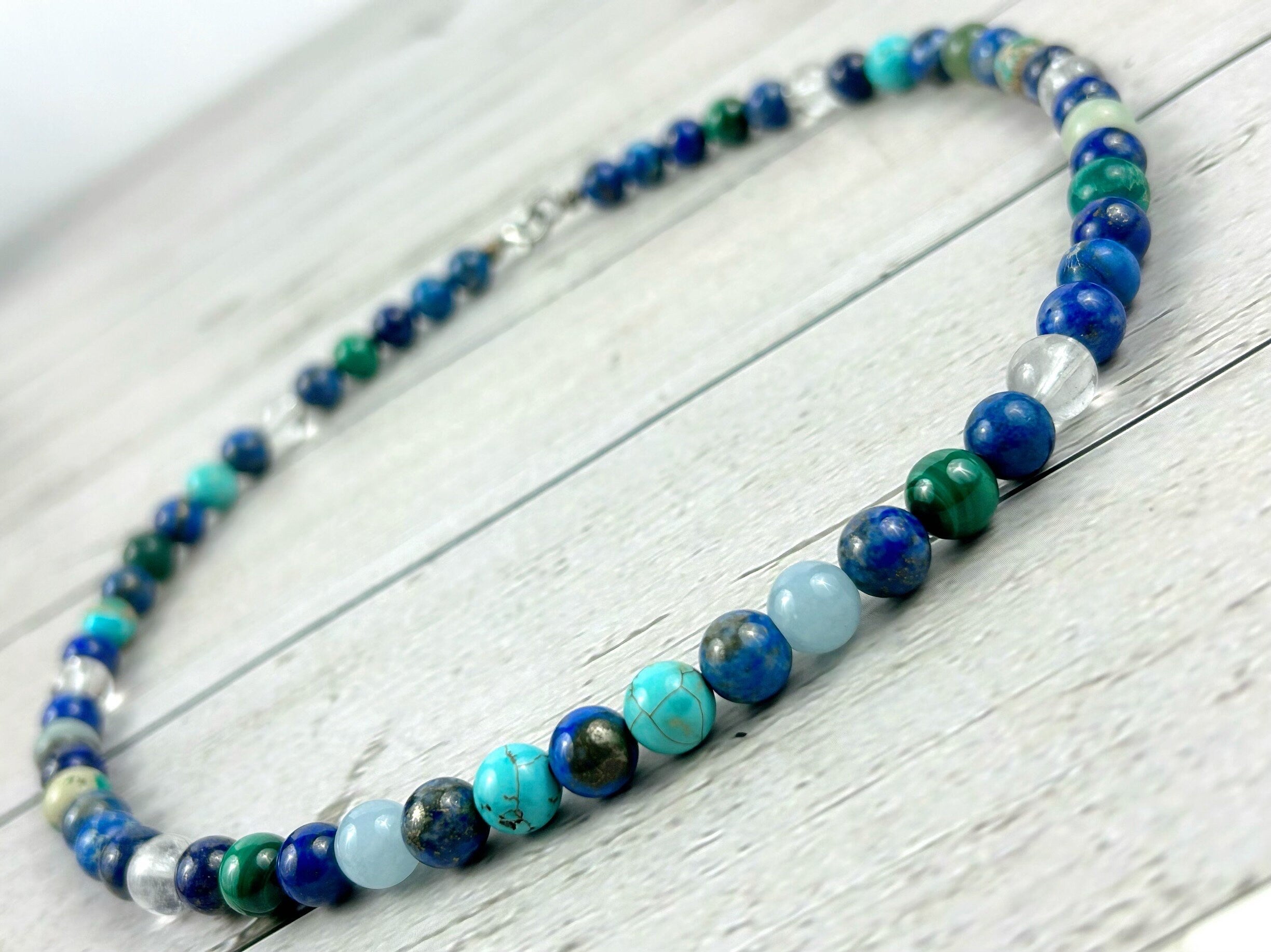 Mix Gemstones Necklace, Lapis Lazuli, Beaded Necklace, Turquoise, Imperial Jasper, Malachite, Aquamarine, Clear Quartz, Amazonite,Moss Agate