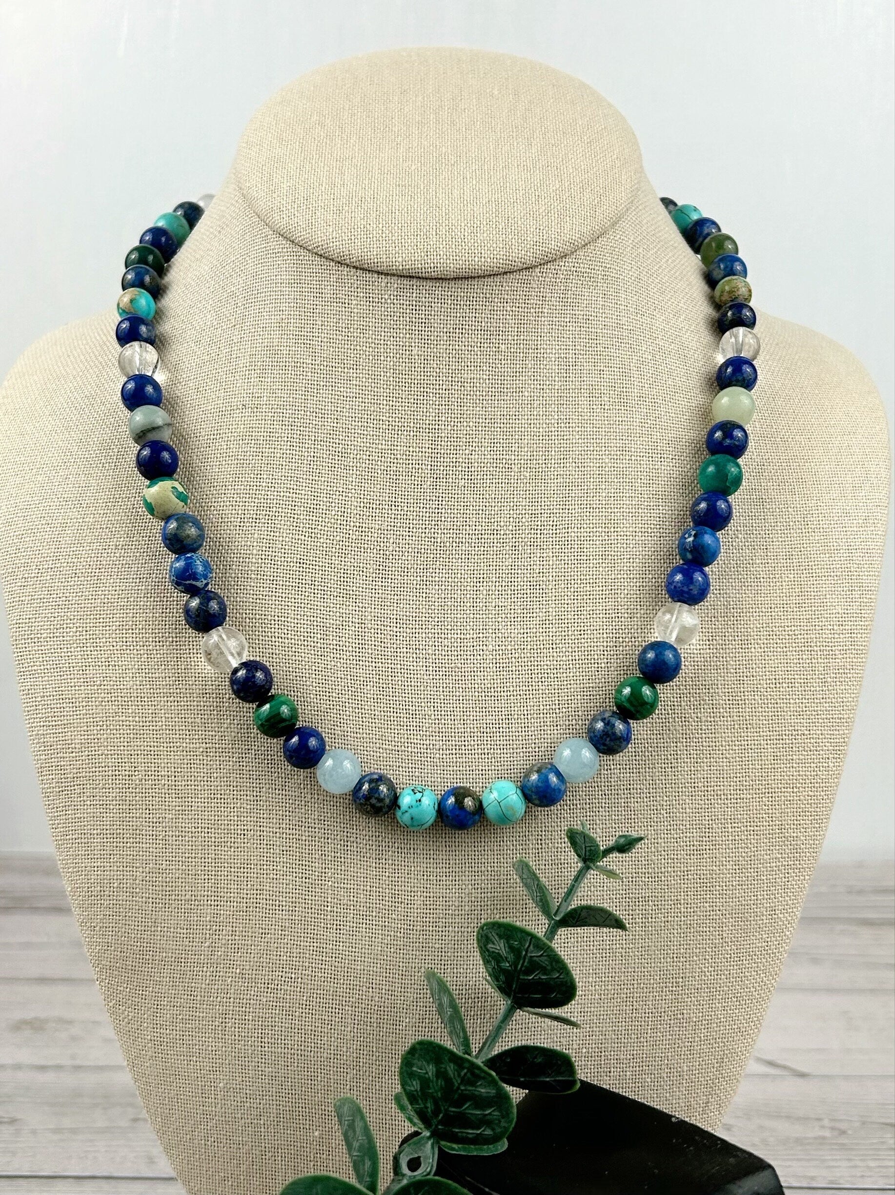 Mix Gemstones Necklace, Lapis Lazuli, Beaded Necklace, Turquoise, Imperial Jasper, Malachite, Aquamarine, Clear Quartz, Amazonite,Moss Agate