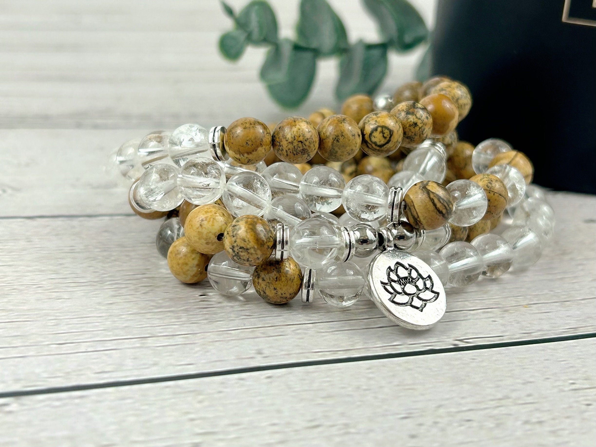 Japa Mala, 108 Mala Beads Necklace, Picture Jasper, Clear Quartz, Prayer Beads Necklace, 108 Mala Beads Bracelet, Meditation Necklace