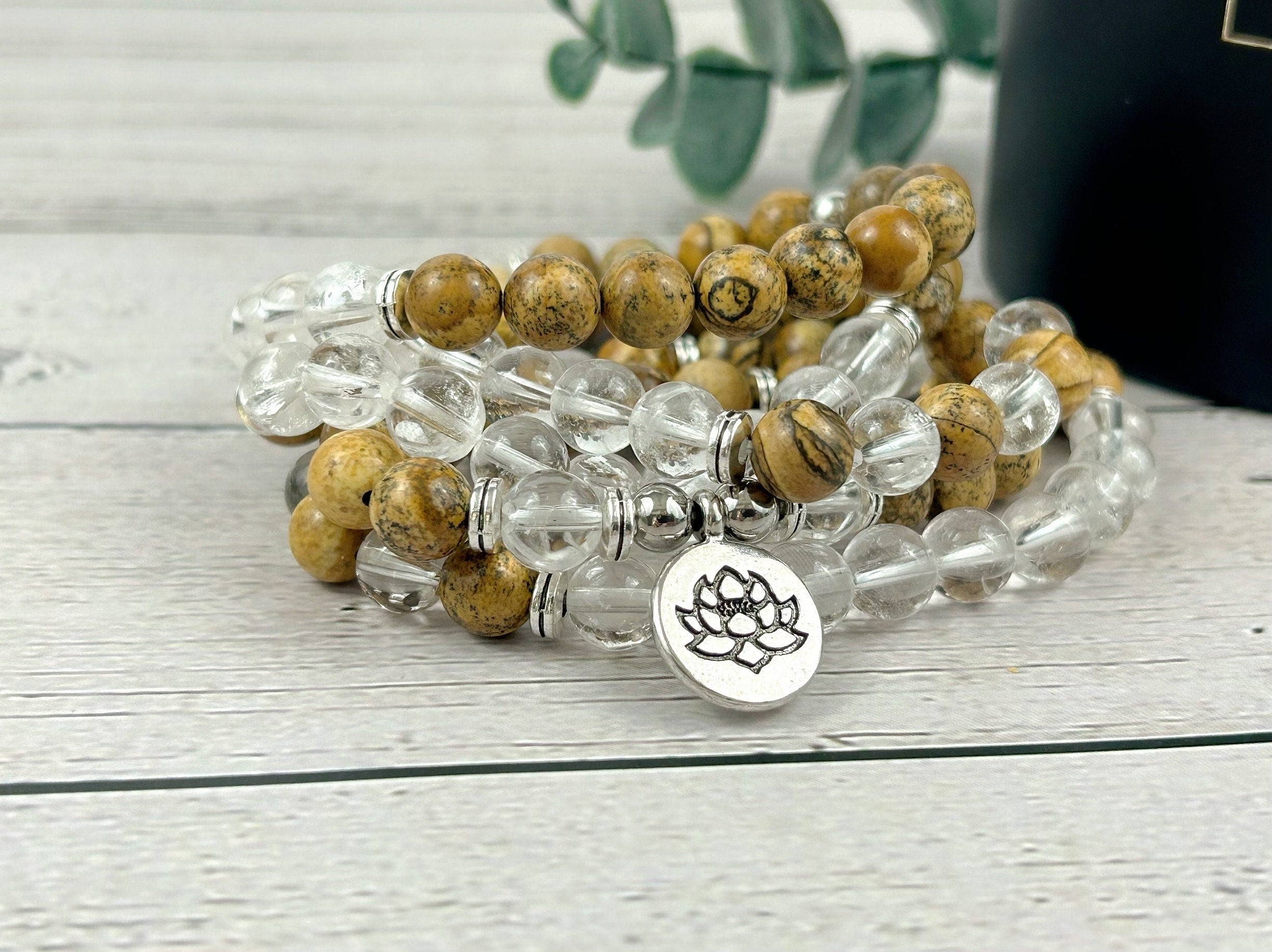 Japa Mala, 108 Mala Beads Necklace, Picture Jasper, Clear Quartz, Prayer Beads Necklace, 108 Mala Beads Bracelet, Meditation Necklace