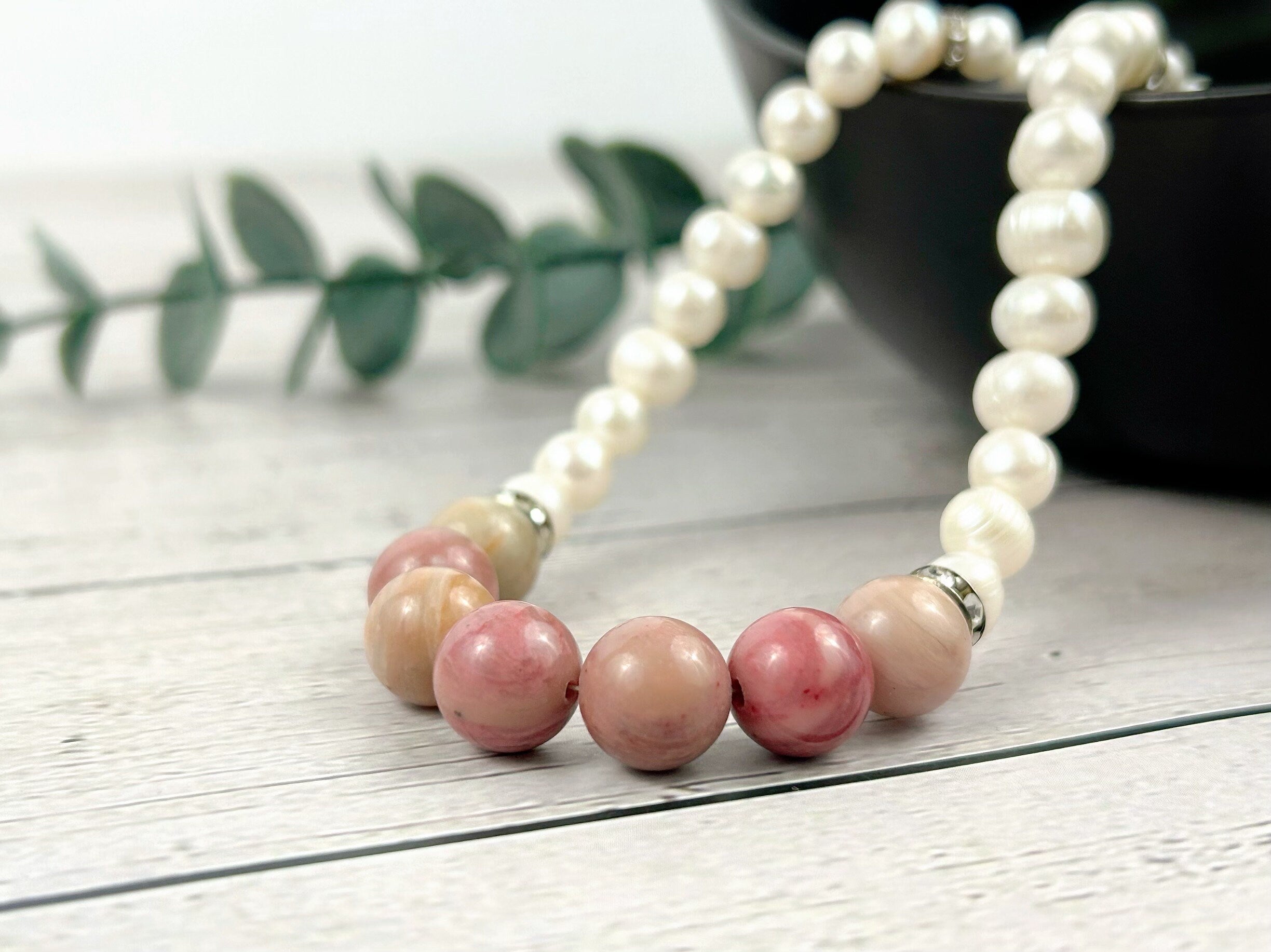 Rhodochrosite Necklace, Freshwater Pearl Necklace, Choker Necklace, Handmade Jewelry, Women Necklace, Chakra Balancing, Pearl Necklace