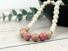 Rhodochrosite Necklace, Freshwater Pearl Necklace, Choker Necklace, Handmade Jewelry, Women Necklace, Chakra Balancing, Pearl Necklace