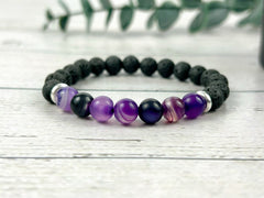 Diffuser Bracelet, Essential Oil Bracelet, Aromatherapy Bracelet, Purple Agate Bracelet, Handmade Jewelry, Black Lava Rock, Gift For Her