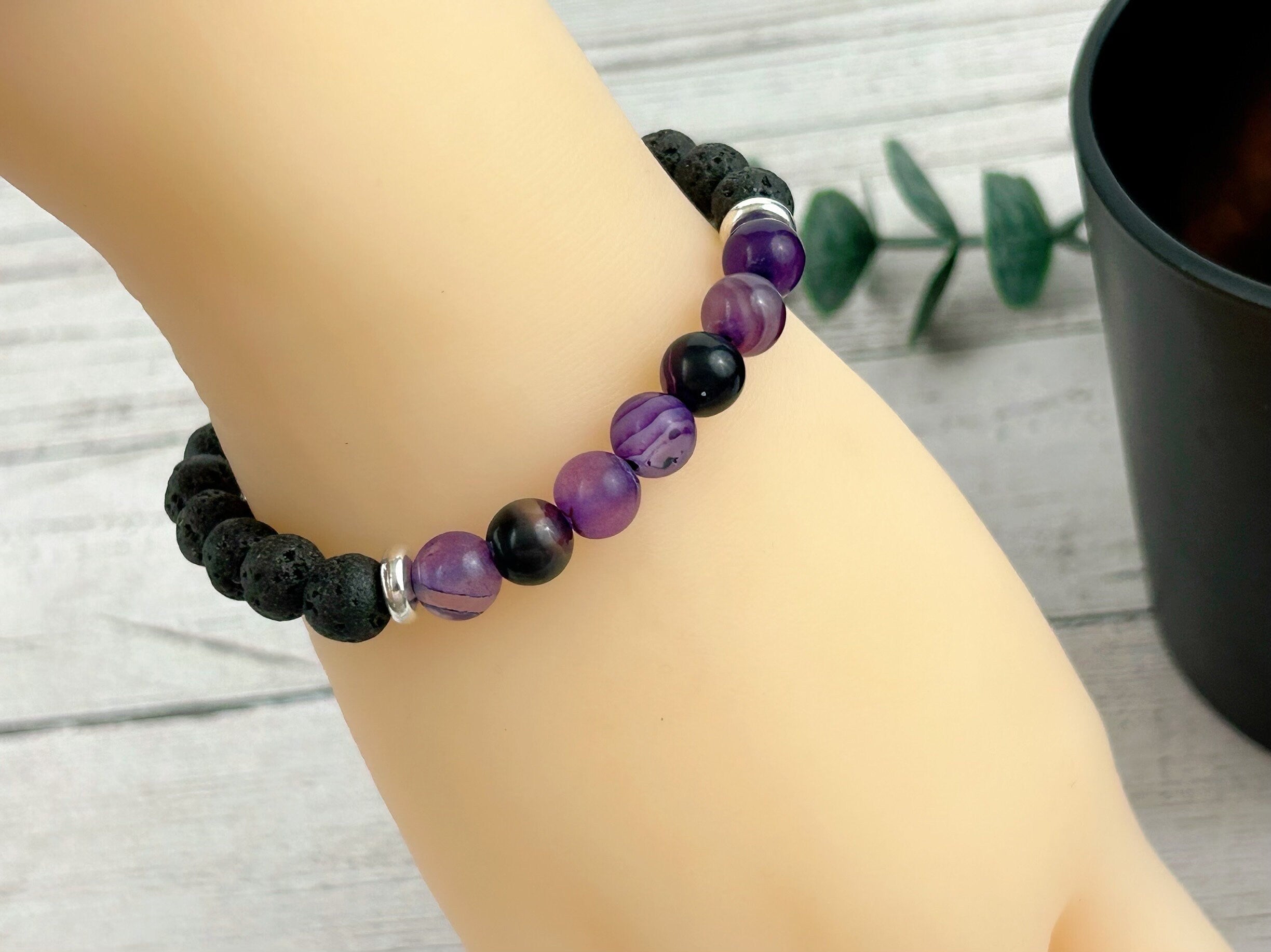 Diffuser Bracelet, Essential Oil Bracelet, Aromatherapy Bracelet, Purple Agate Bracelet, Handmade Jewelry, Black Lava Rock, Gift For Her