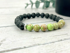 Diffuser Bracelet, Essential Oil Bracelet, Aromatherapy Bracelet, Light Green Imperial Jasper Bracelet, Sea Sediment Jasper, Black Lava Rock