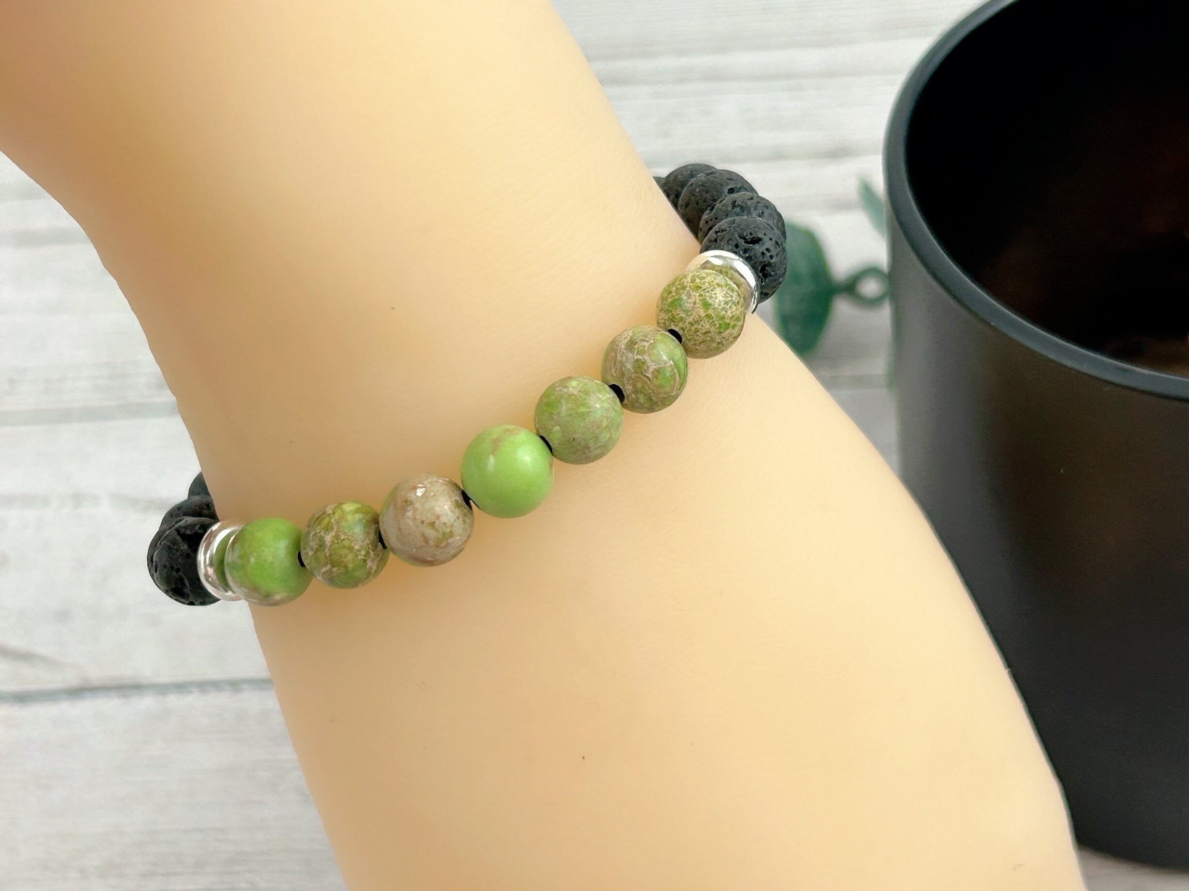 Diffuser Bracelet, Essential Oil Bracelet, Aromatherapy Bracelet, Light Green Imperial Jasper Bracelet, Sea Sediment Jasper, Black Lava Rock