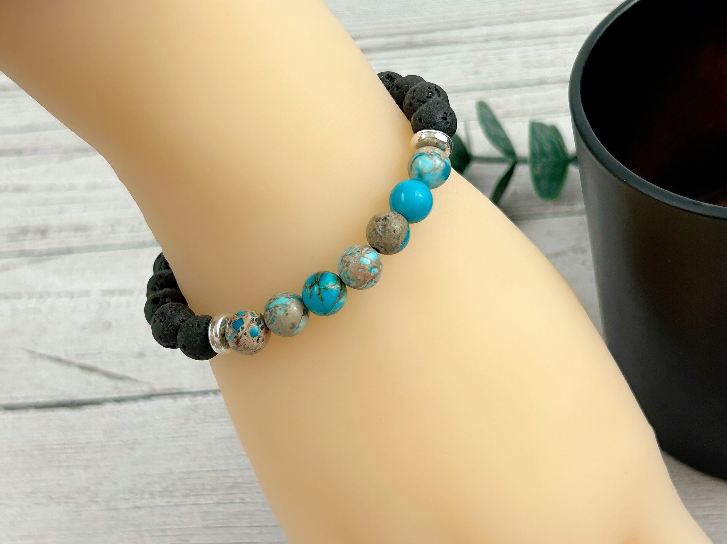 Diffuser Bracelet, Essential Oil Bracelet, Aromatherapy Bracelet, Turquoise Imperial Jasper Bracelet, Sea Sediment Jasper, Black Lava Rock