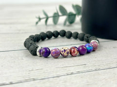 Diffuser Bracelet, Essential Oil Bracelet, Aromatherapy Bracelet, Purple Imperial Jasper Bracelet, Sea Sediment Jasper, Black Lava Rock