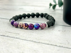 Diffuser Bracelet, Essential Oil Bracelet, Aromatherapy Bracelet, Purple Imperial Jasper Bracelet, Sea Sediment Jasper, Black Lava Rock