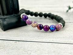 Diffuser Bracelet, Essential Oil Bracelet, Aromatherapy Bracelet, Purple Imperial Jasper Bracelet, Sea Sediment Jasper, Black Lava Rock