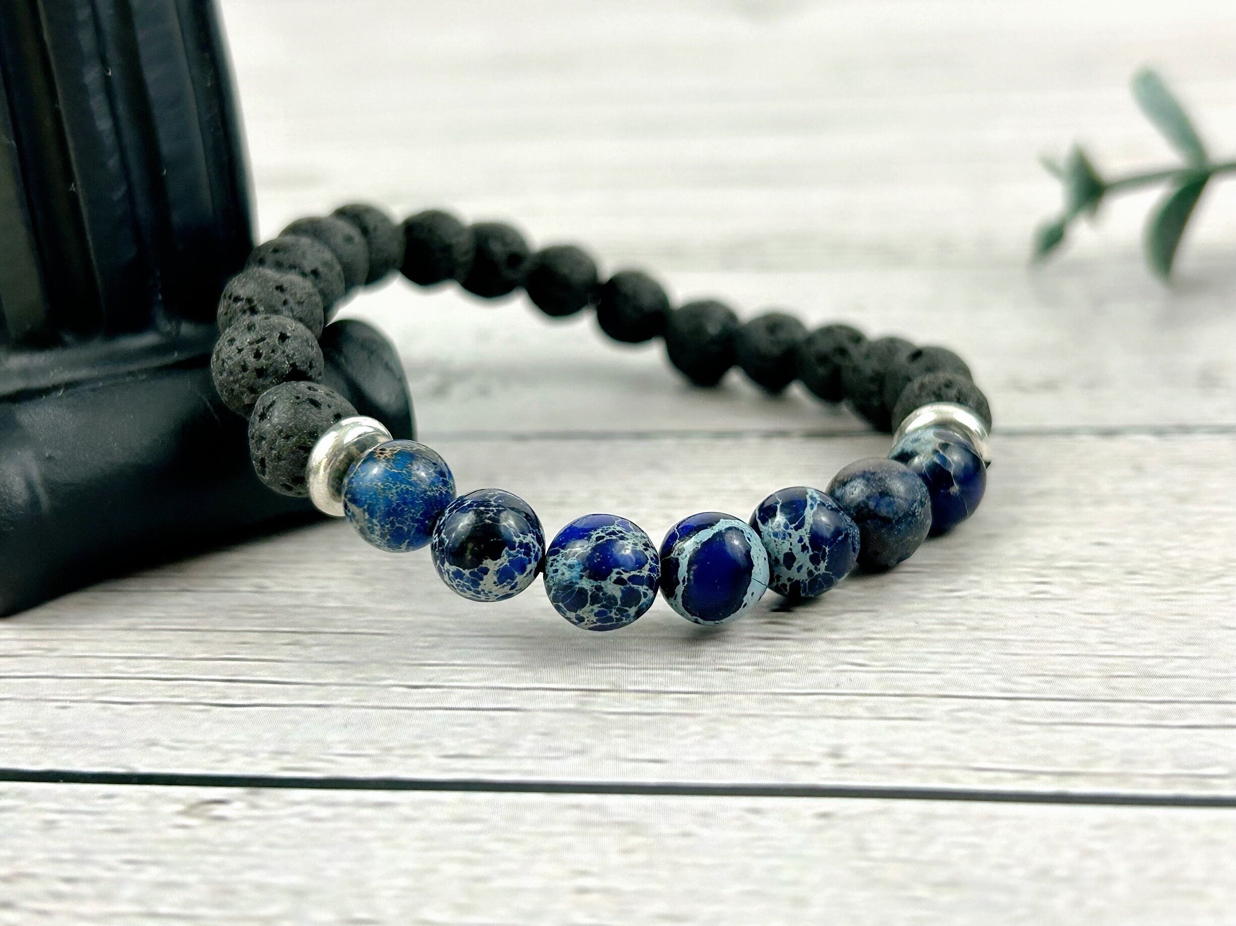 Diffuser Bracelet, Essential Oil Bracelet, Aromatherapy Bracelet, Blue Imperial Jasper Bracelet, Sea Sediment Jasper, Black Lava Rock