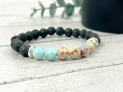 Diffuser Bracelet, Essential Oil Bracelet, Aromatherapy Bracelet, Blue Jasper Bracelet, Sea Sediment Jasper, Black Lava Rock, Ocean Theme