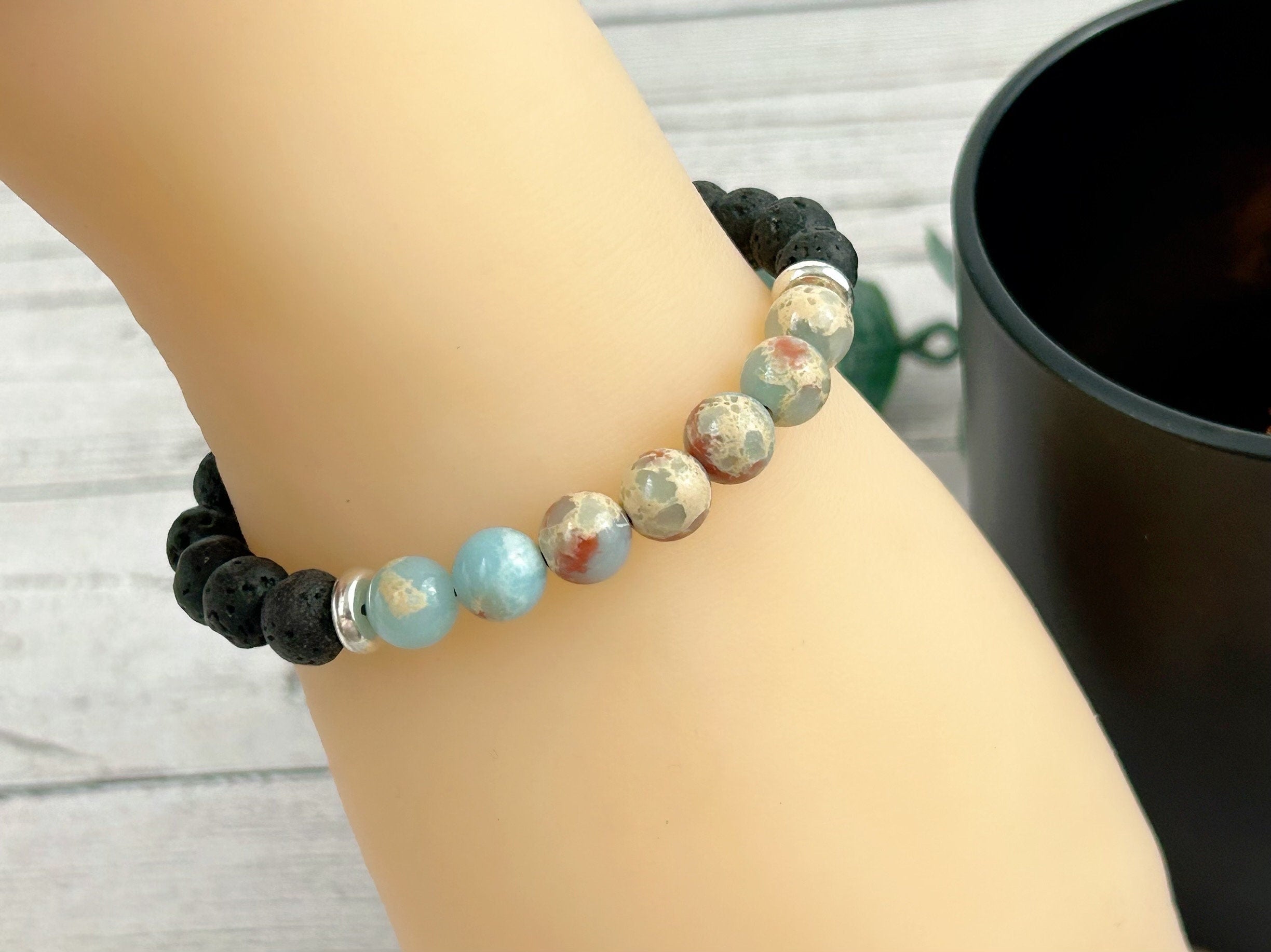 Diffuser Bracelet, Essential Oil Bracelet, Aromatherapy Bracelet, Blue Jasper Bracelet, Sea Sediment Jasper, Black Lava Rock, Ocean Theme