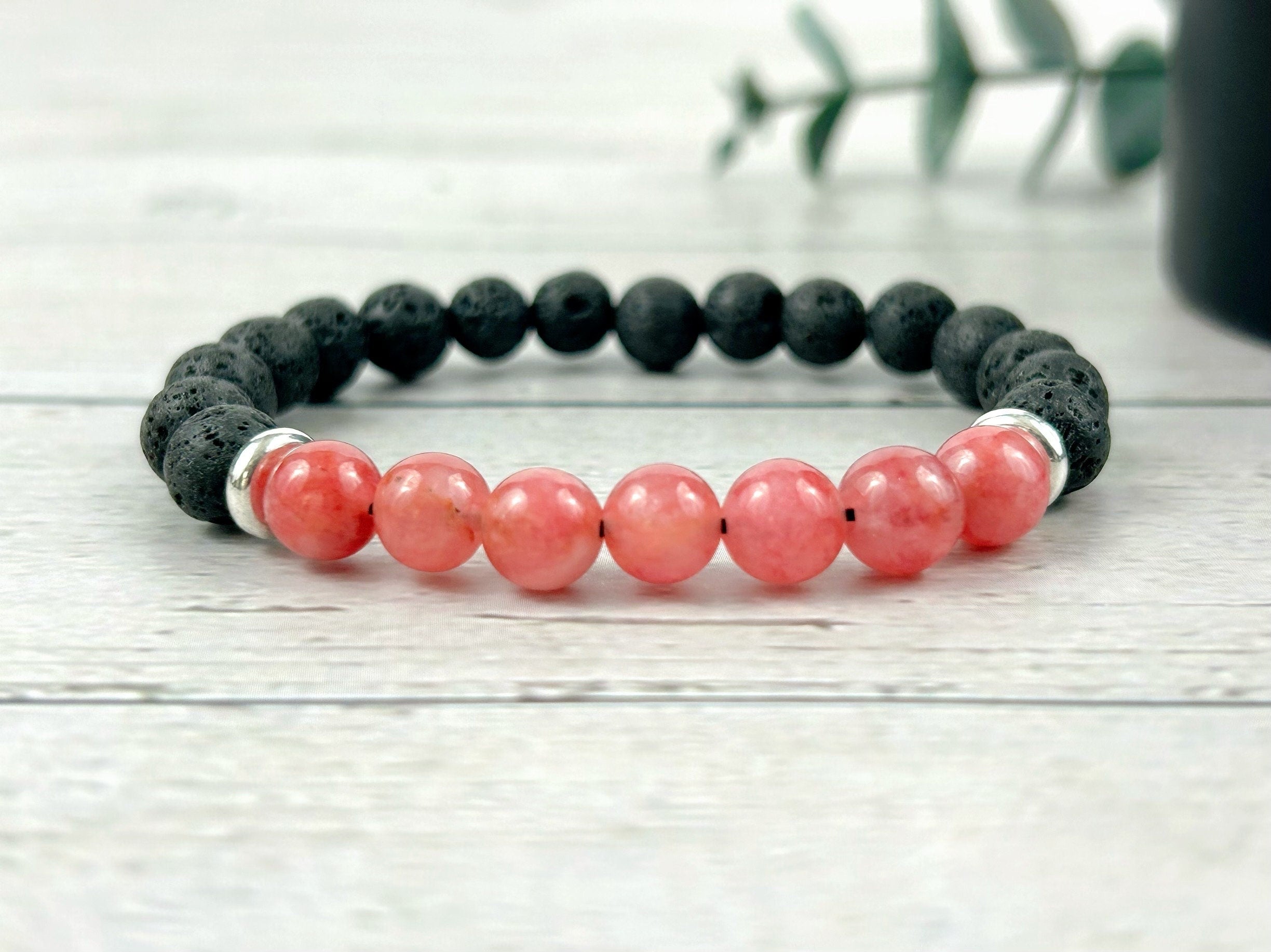 Diffuser Bracelet, Essential Oil Bracelet, Aromatherapy Bracelet, Cherry Quartz Bracelet, Handmade Jewelry, Black Lava Rock Bracelet