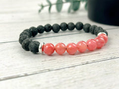 Diffuser Bracelet, Essential Oil Bracelet, Aromatherapy Bracelet, Cherry Quartz Bracelet, Handmade Jewelry, Black Lava Rock Bracelet